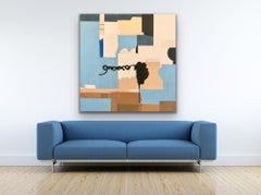 Blue II - peinture et collage abstraits bleues, brunes et noires