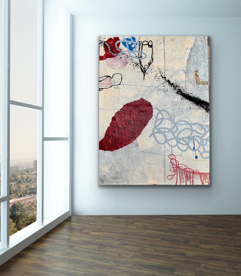 LATE BLOOMER V - white, blue and red abstract painting - Painting by Silvia Poloto
