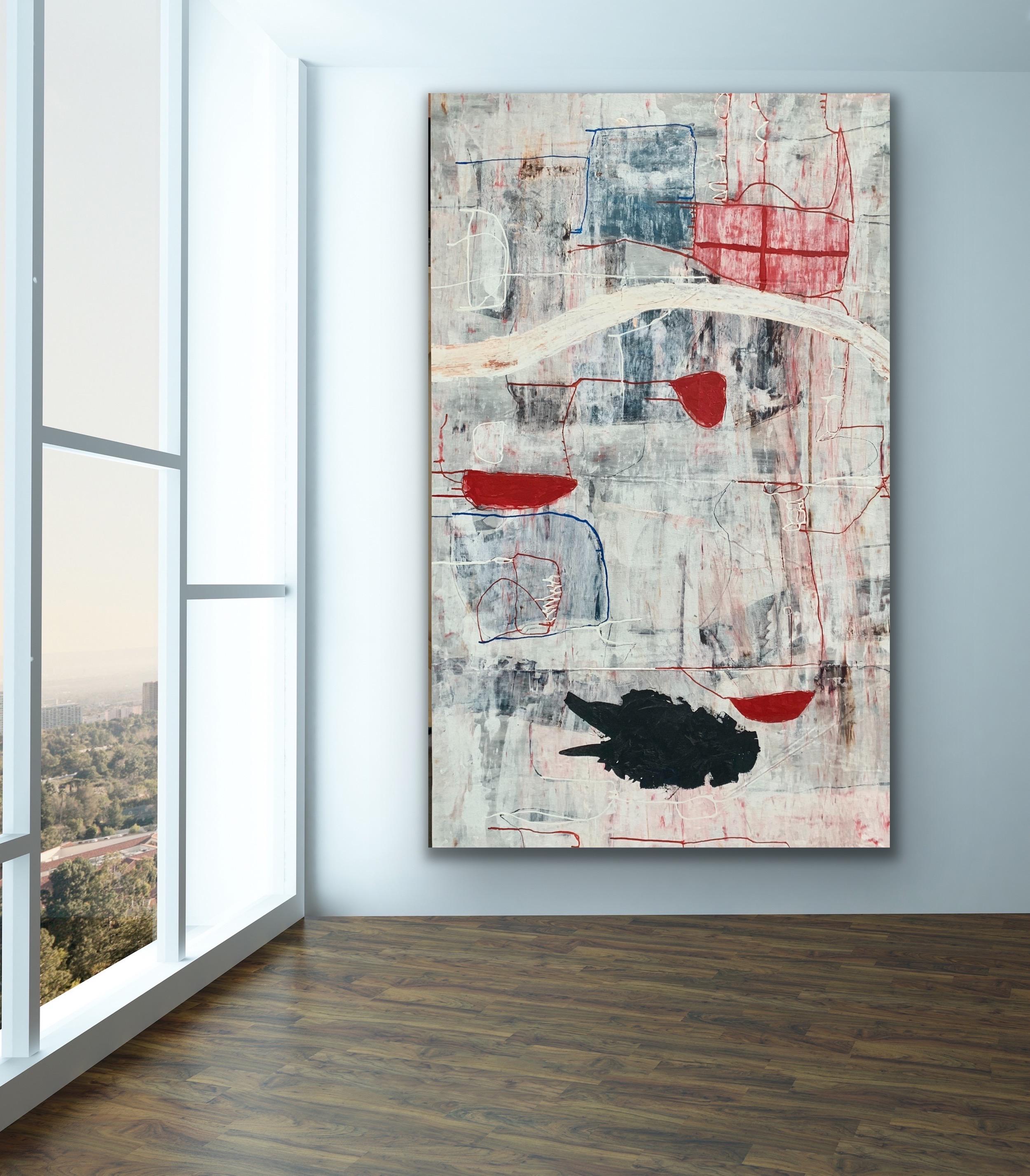 MOONLIGHT - large black, white and red abstract expressionist painting  - Painting by Silvia Poloto