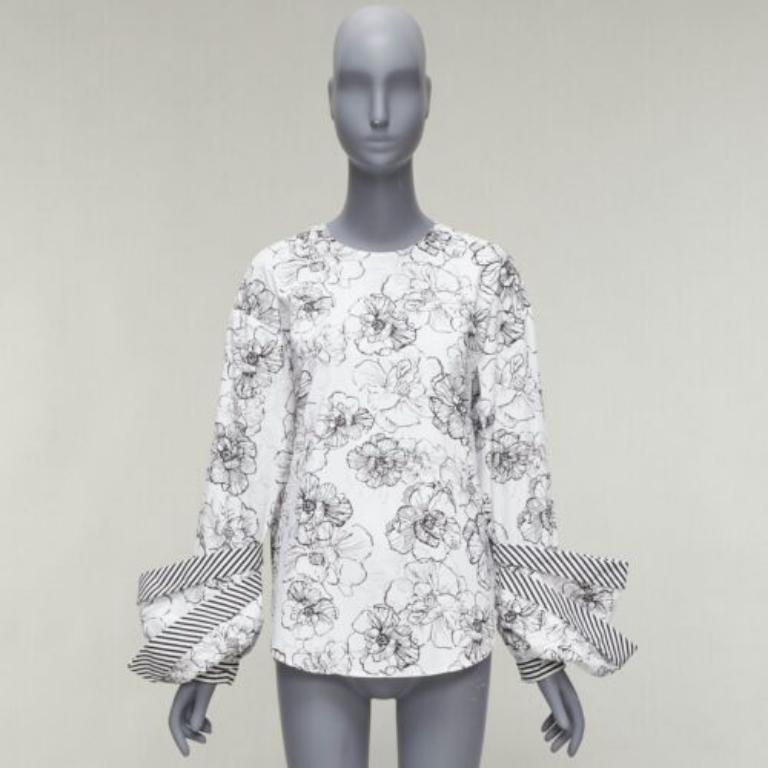 SILVIA TCHERASSI Jessica white floral print tiered cuff crew neck top S For Sale 4