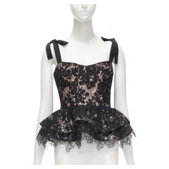 SILVIA TCHERASSI top peplum de lentejuelas rosas y encaje negro con lazo S