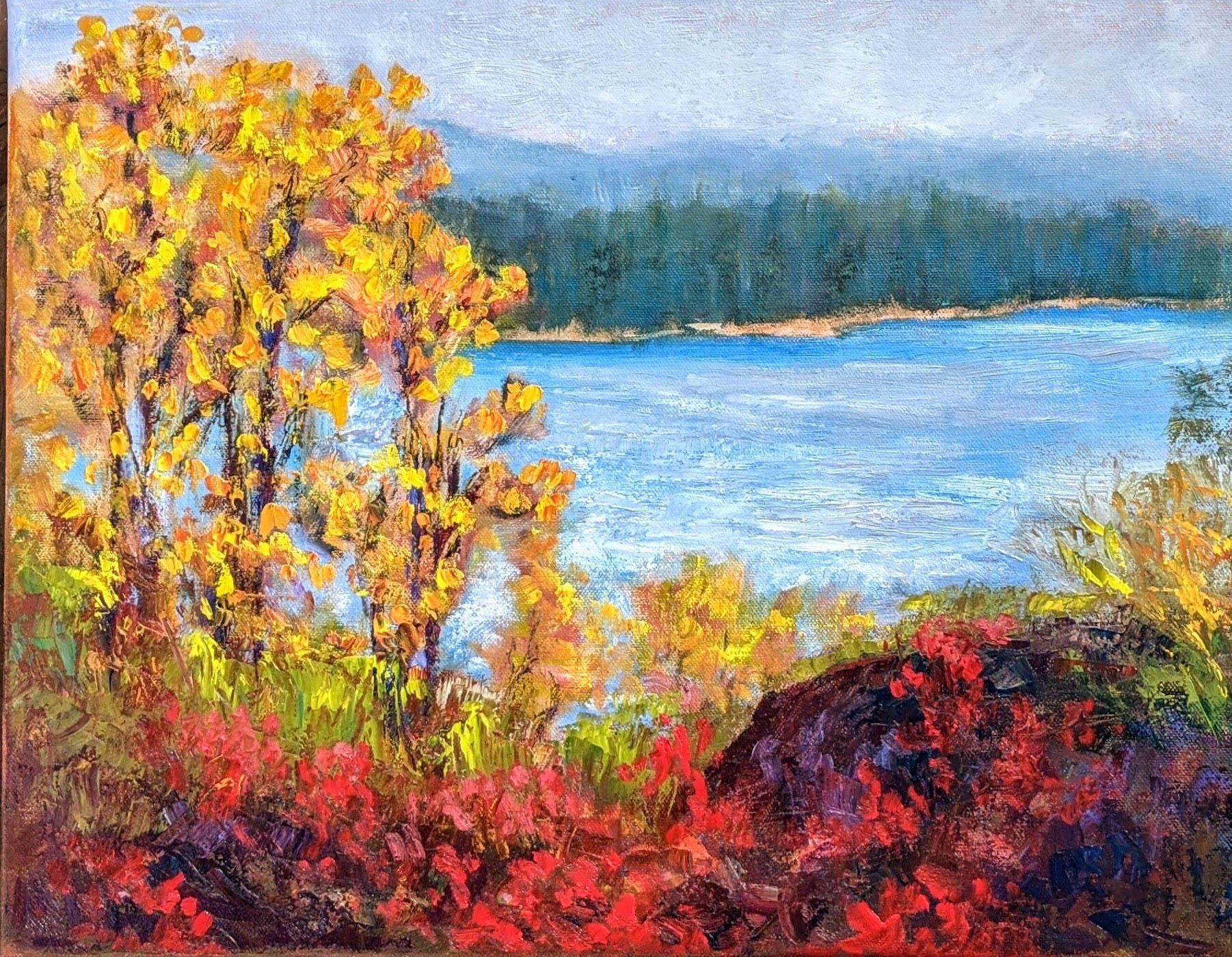 Impasto; thick & rich texture. Moody and emotive, lake view in Autumn :: Painting :: Expressionism :: This piece comes with an official certificate of authenticity signed by the artist :: Ready to Hang: No :: Signed: Yes :: Signature Location: Front
