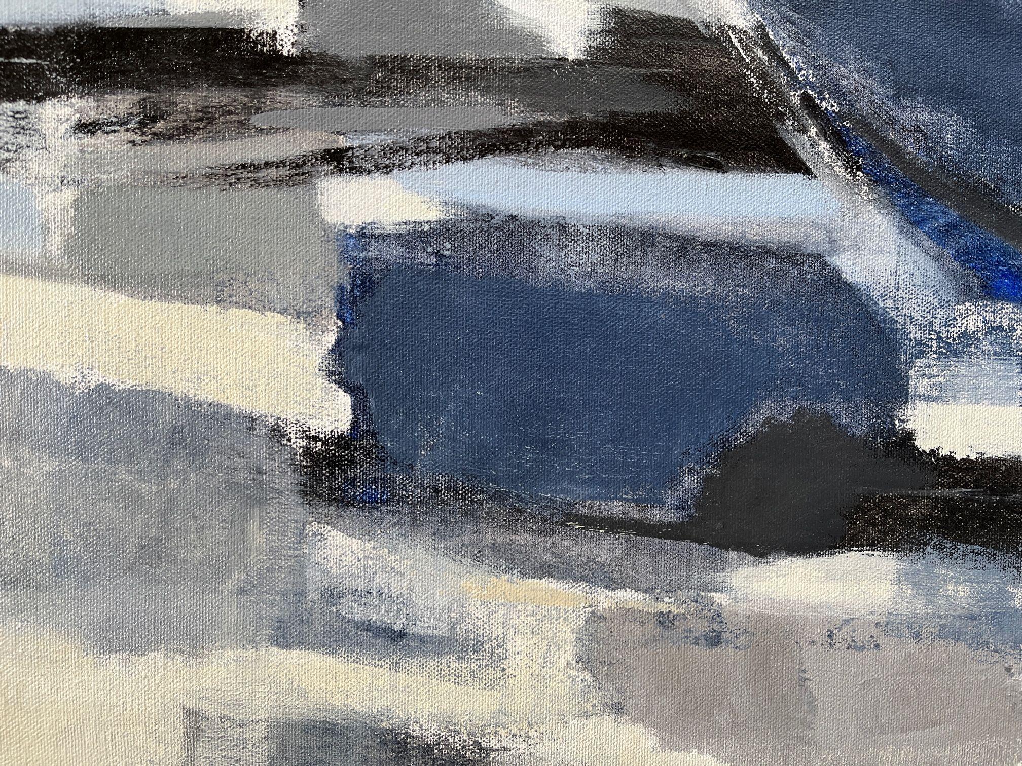 This abstract is inspired by the relationship of indigo blue and white; it is about color combination and contrast. Bold shapes, soft and sharp edges and layers of paint create a dynamic composition. The painting is strong and masculine.