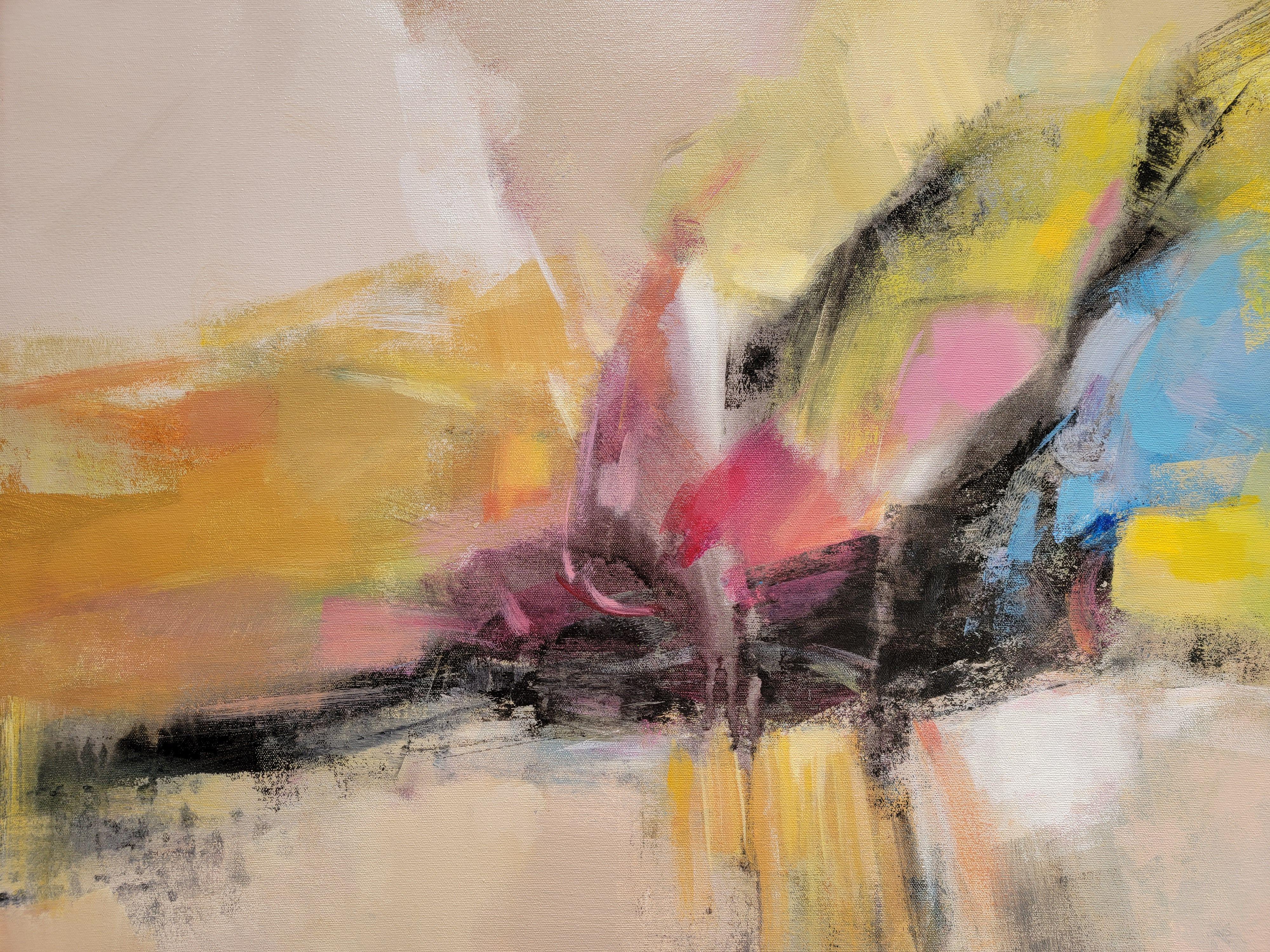 Este gran abstracto es una reacción directa del artista a la luz del sol a través de la claraboya del estudio. La pintura es brillante y vibrante. Las pinceladas atrevidas transmiten movimiento. El blanco y el negro añaden un fuerte contraste. Las