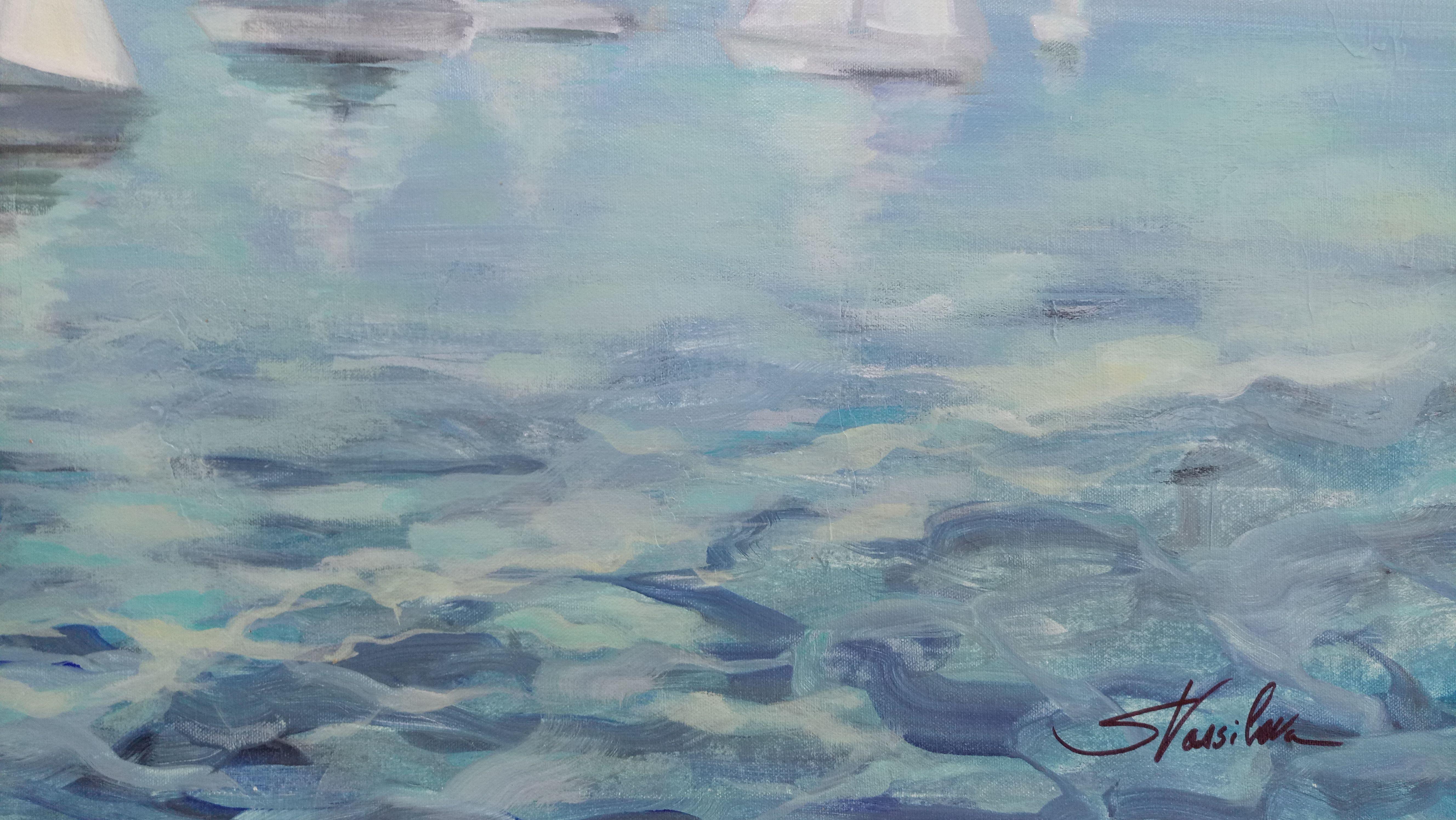 Peinture - « Boats in Haze », acrylique sur toile - Expressionniste Painting par silvia vassileva
