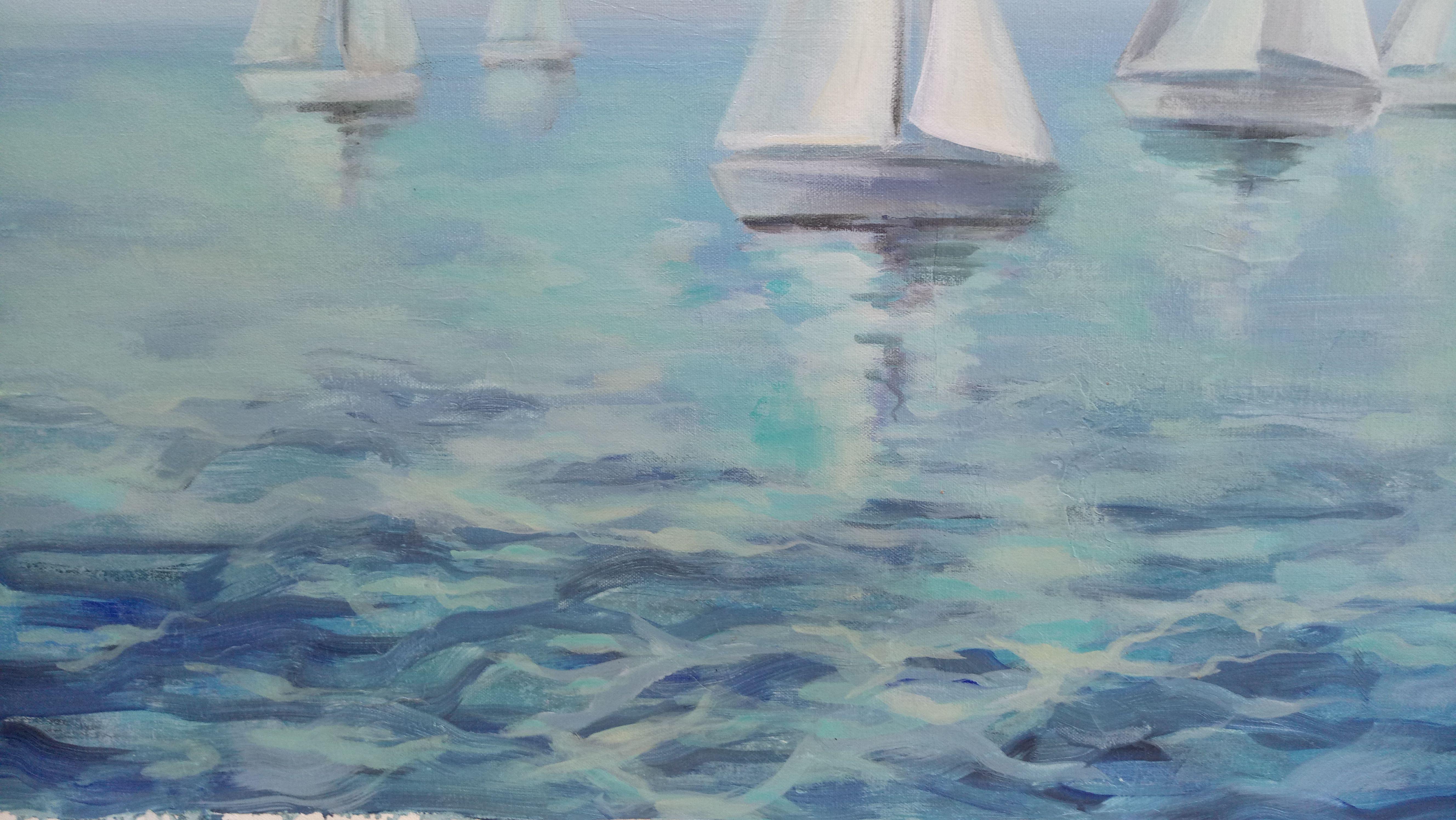 Boats in Haze est une grande peinture marine, inspirée par la beauté de la mer dans un matin brumeux. Les couleurs douces, claires et pâles, sont travaillées et mélangées, exprimant la couche marine. La palette est limitée au bleu et au blanc.