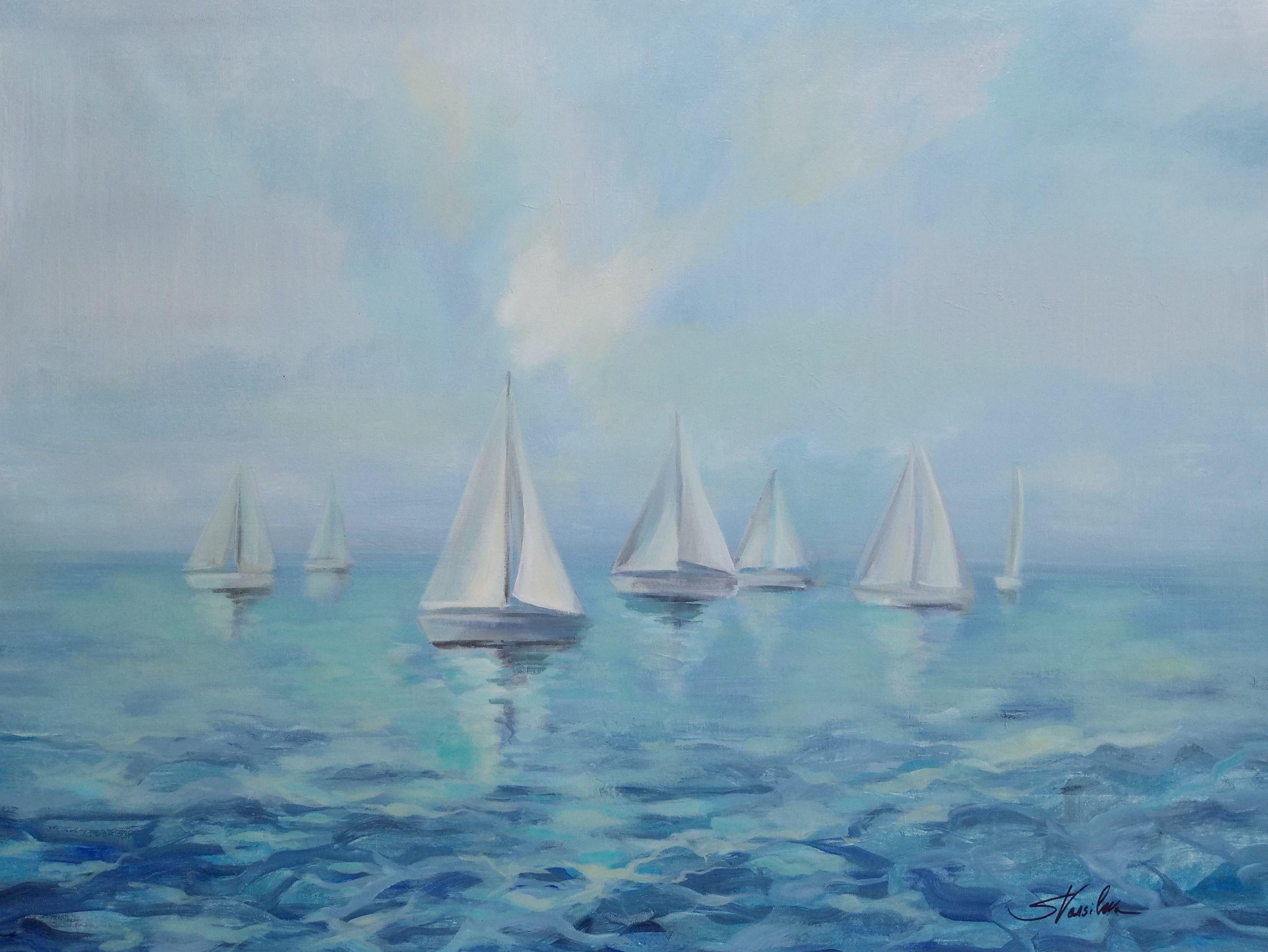 Boats in Haze is a large marine painting, inspired by the beauty of the sea in a foggy morning. The soft light and pale colors are distressed and blended, expressing the marine layer. The palette is limited blue and white. The focus is on the boats