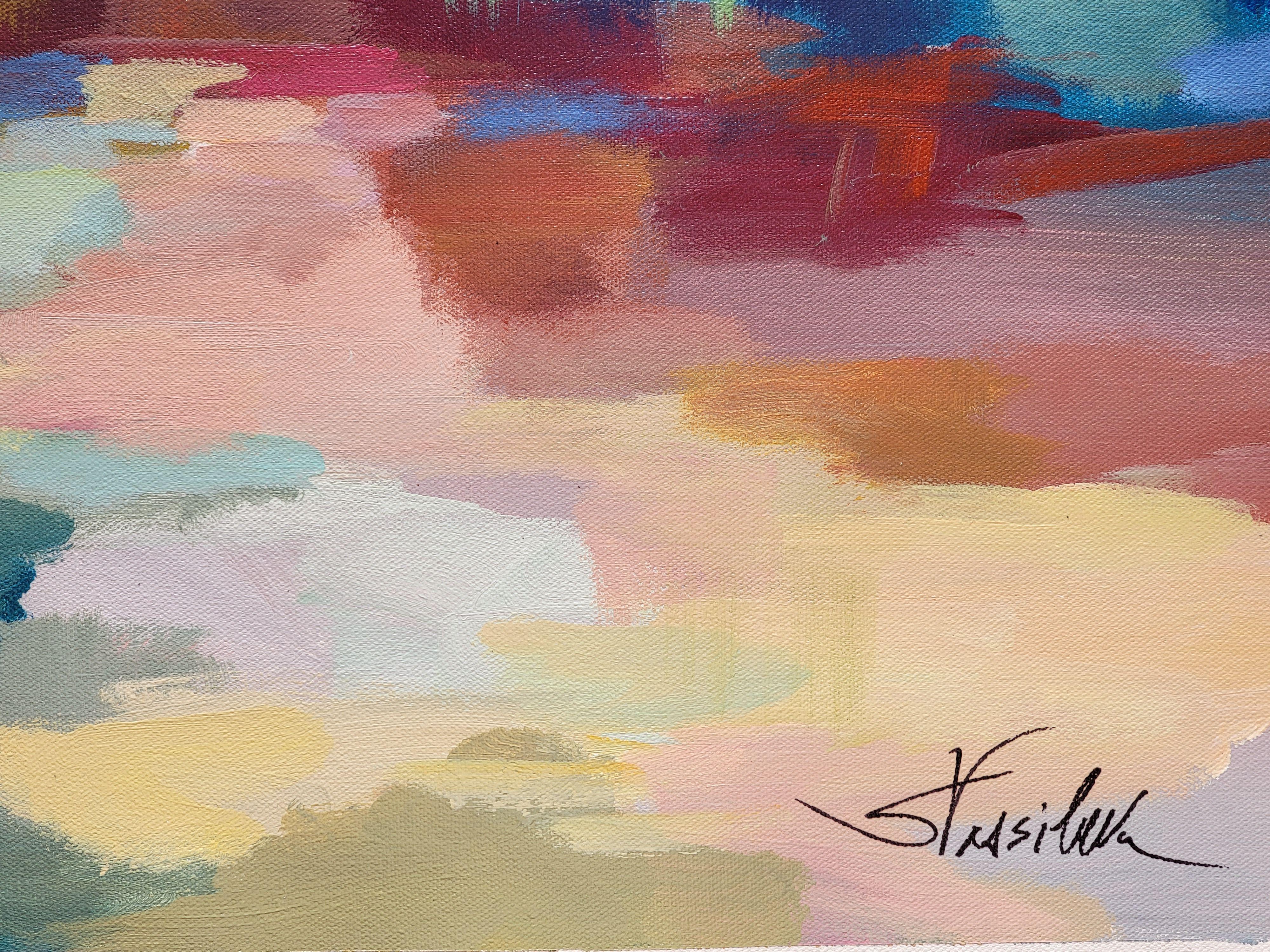 This abstract landscape is inspired by a seaside inlet. Warm yellow, pink and burgundy are juxtaposed to cool mint and aqua. The colors are applied with bold brushstrokes on a textured canvas, creating the ambience of summer celebration. The mood is