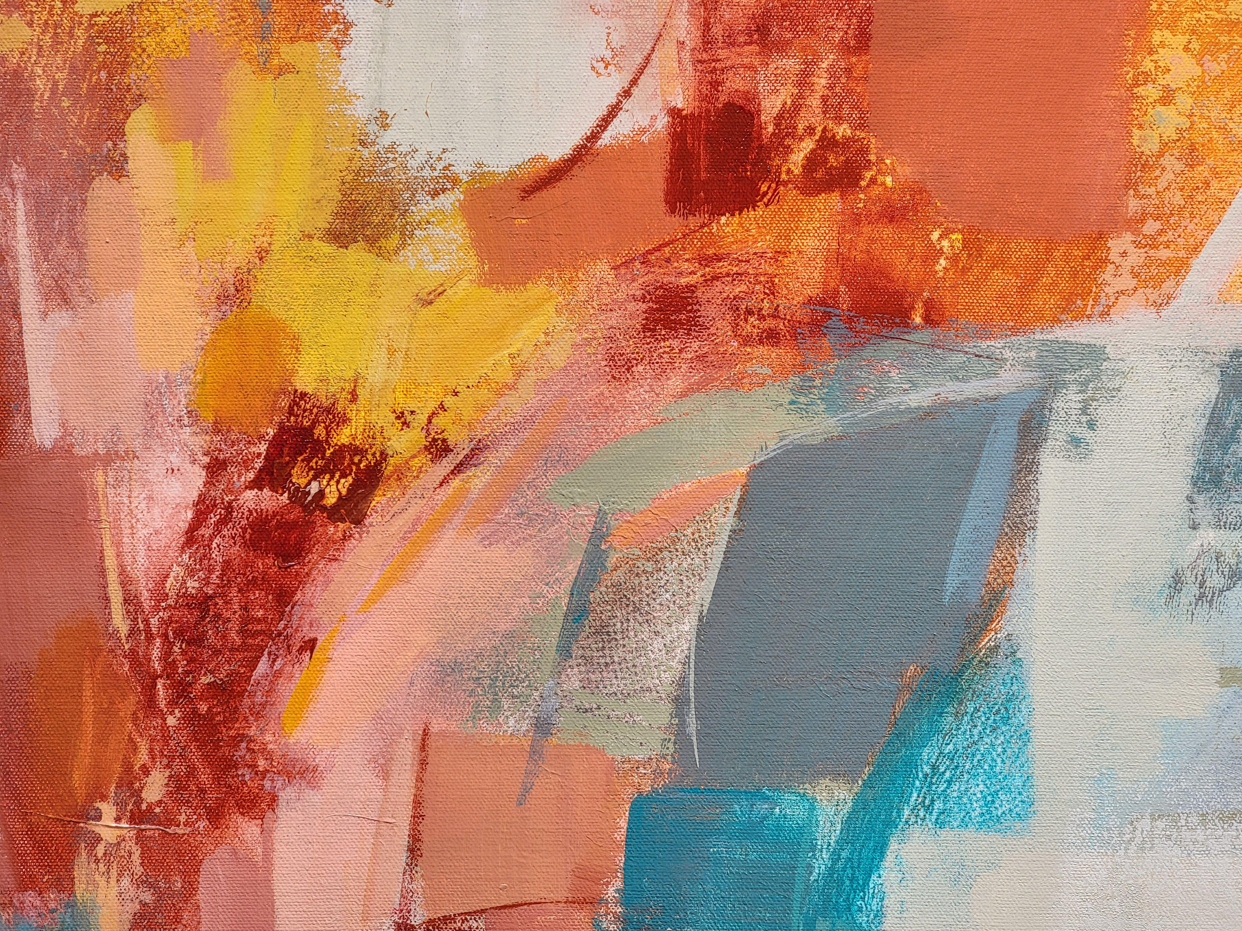 This large abstract was inspired by the vivid colors of the Caribbean islands. It conveys joy and happiness and it is an expression of summer. Warm coral, pink and yellow interact with cool teal on a neutral background. Drips, smudges, color