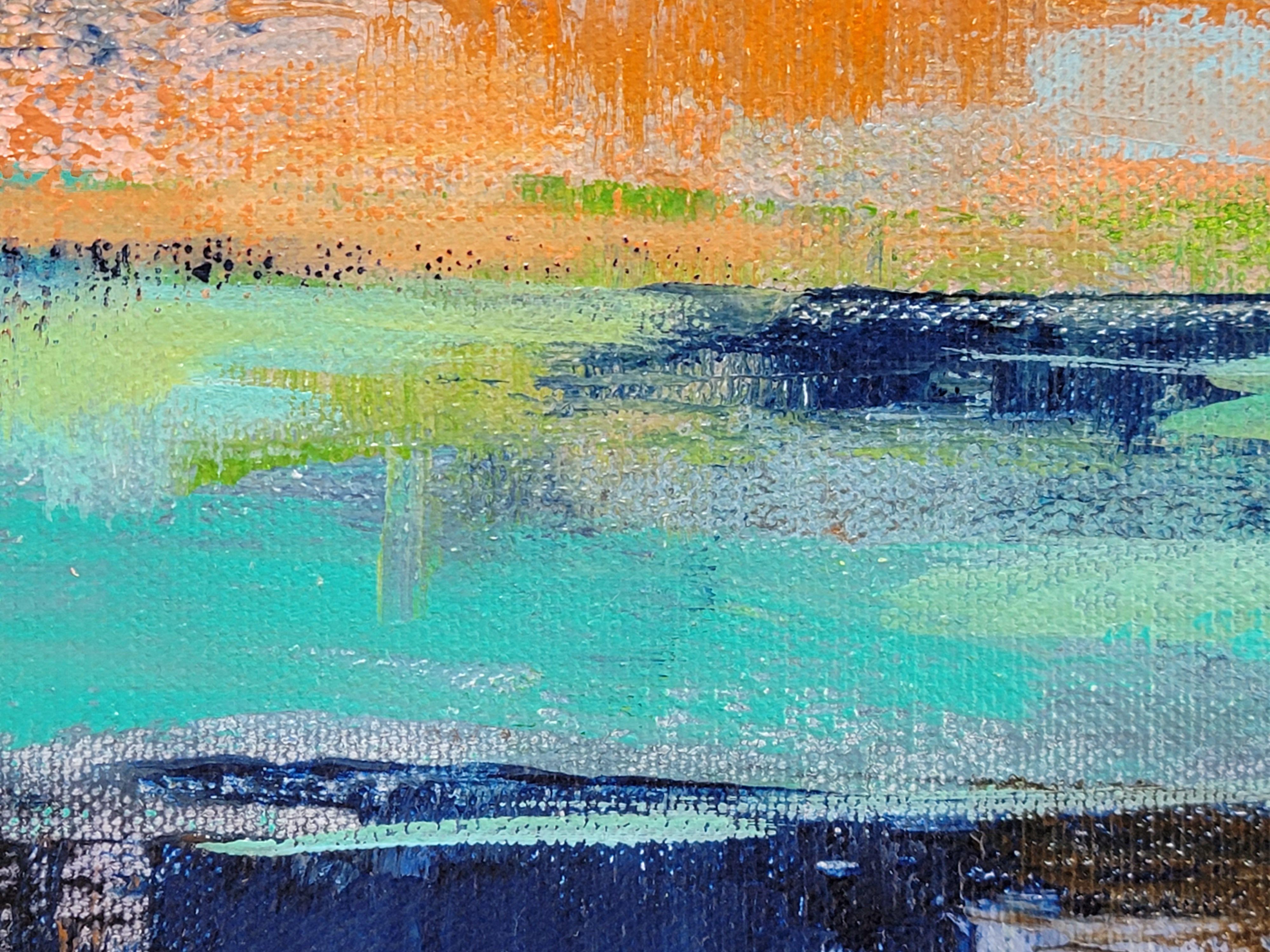 Dieses kleine abstrahierte Seestück ist von der unglaublichen Schönheit des pazifischen Sonnenuntergangs inspiriert. Das Gemälde ist eine ausdrucksstarke Explosion von Farben. Als Teil eines Triptychons kann es einzeln oder mit I und III ausgestellt