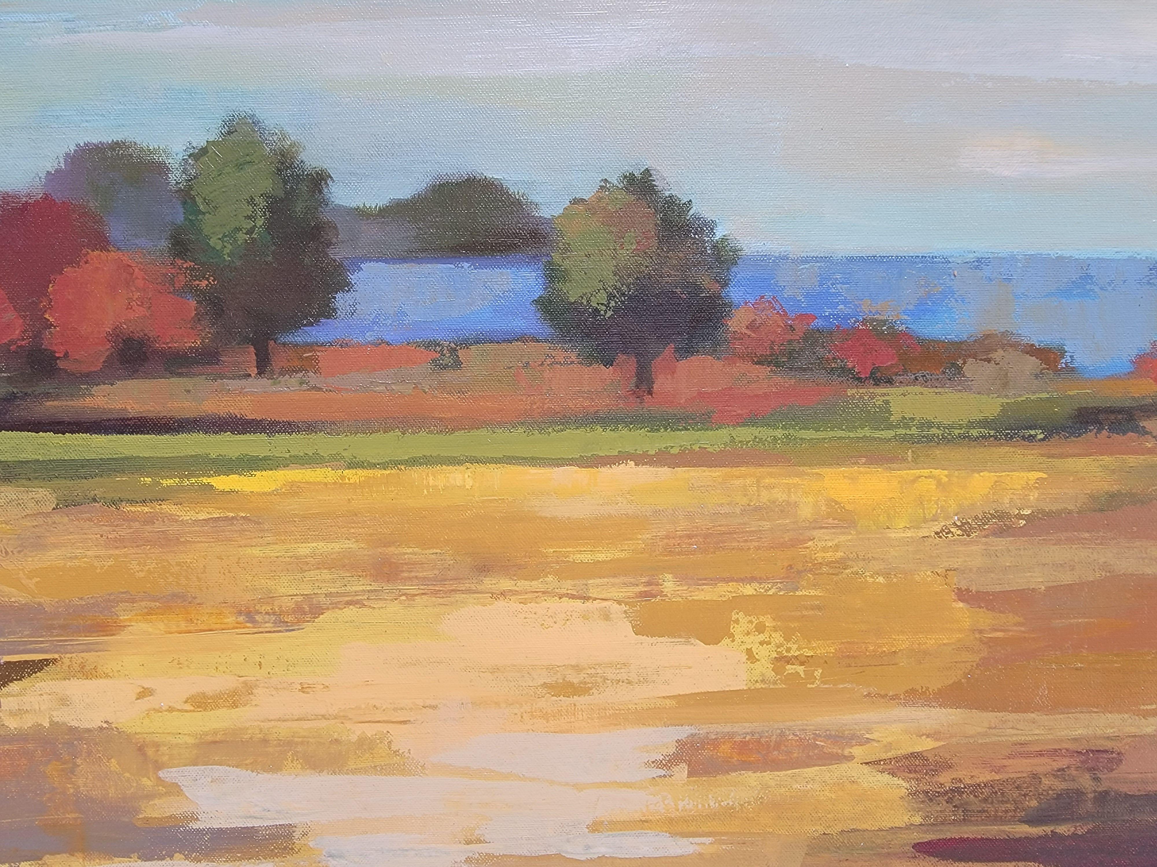 Ce paysage surdimensionné est inspiré des derniers jours de l'été, lorsque les couleurs de la nature changent et que l'automne se fait sentir dans l'air. Le tableau est une célébration de la couleur - le jaune vif domine la palette et il interagit