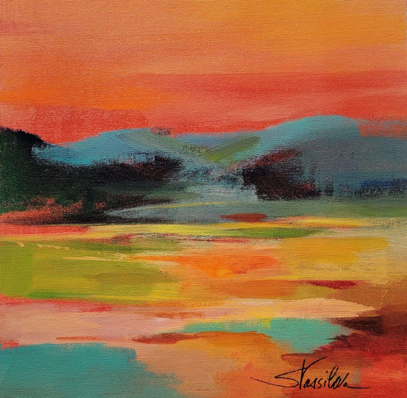 Flower Hill Sunset I, Pittura, Acrilico su tela - Painting di silvia vassileva
