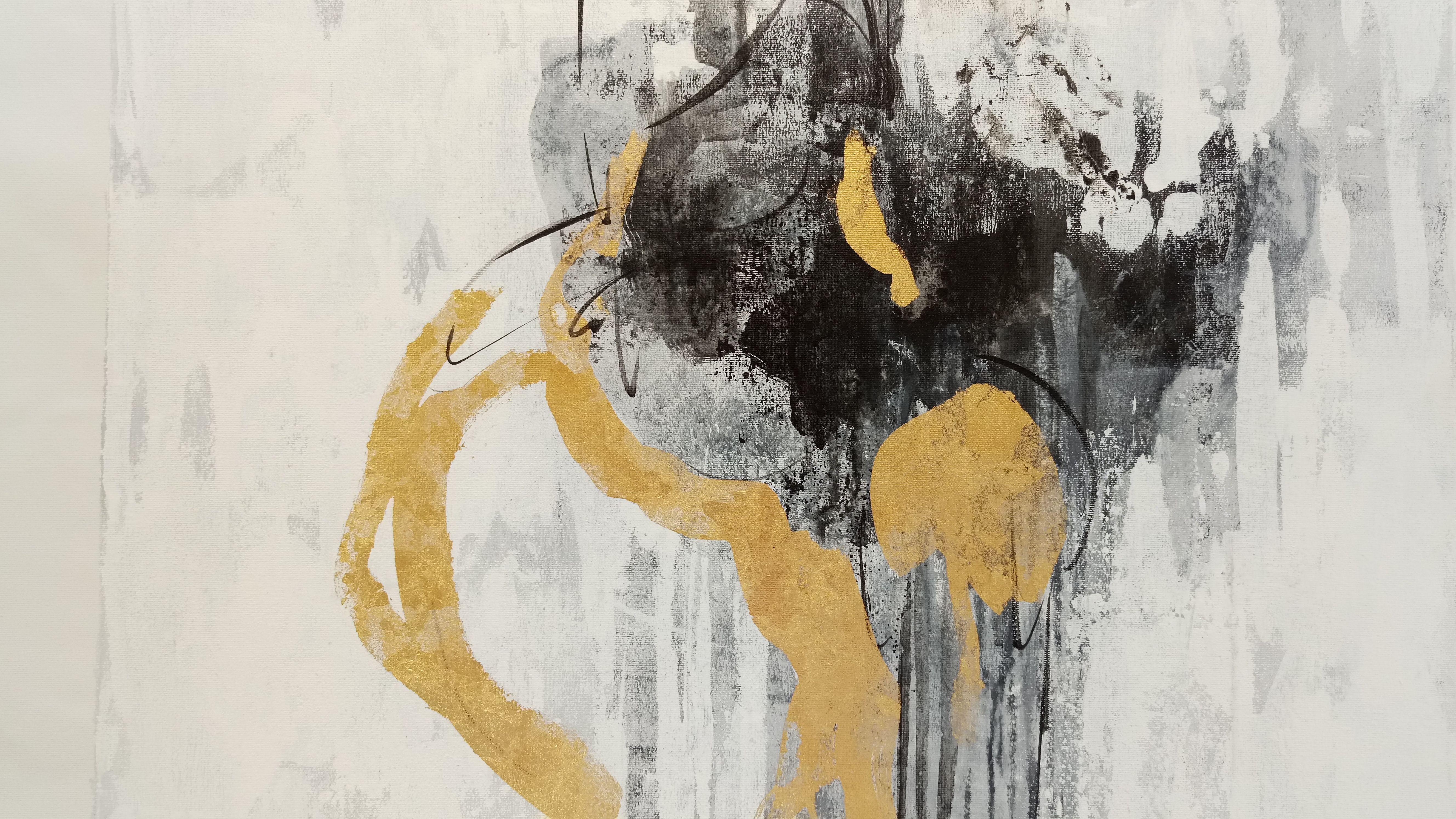 Golden Rain I, Painting, Acrylic on Canvas - Gray Abstract Painting by silvia vassileva