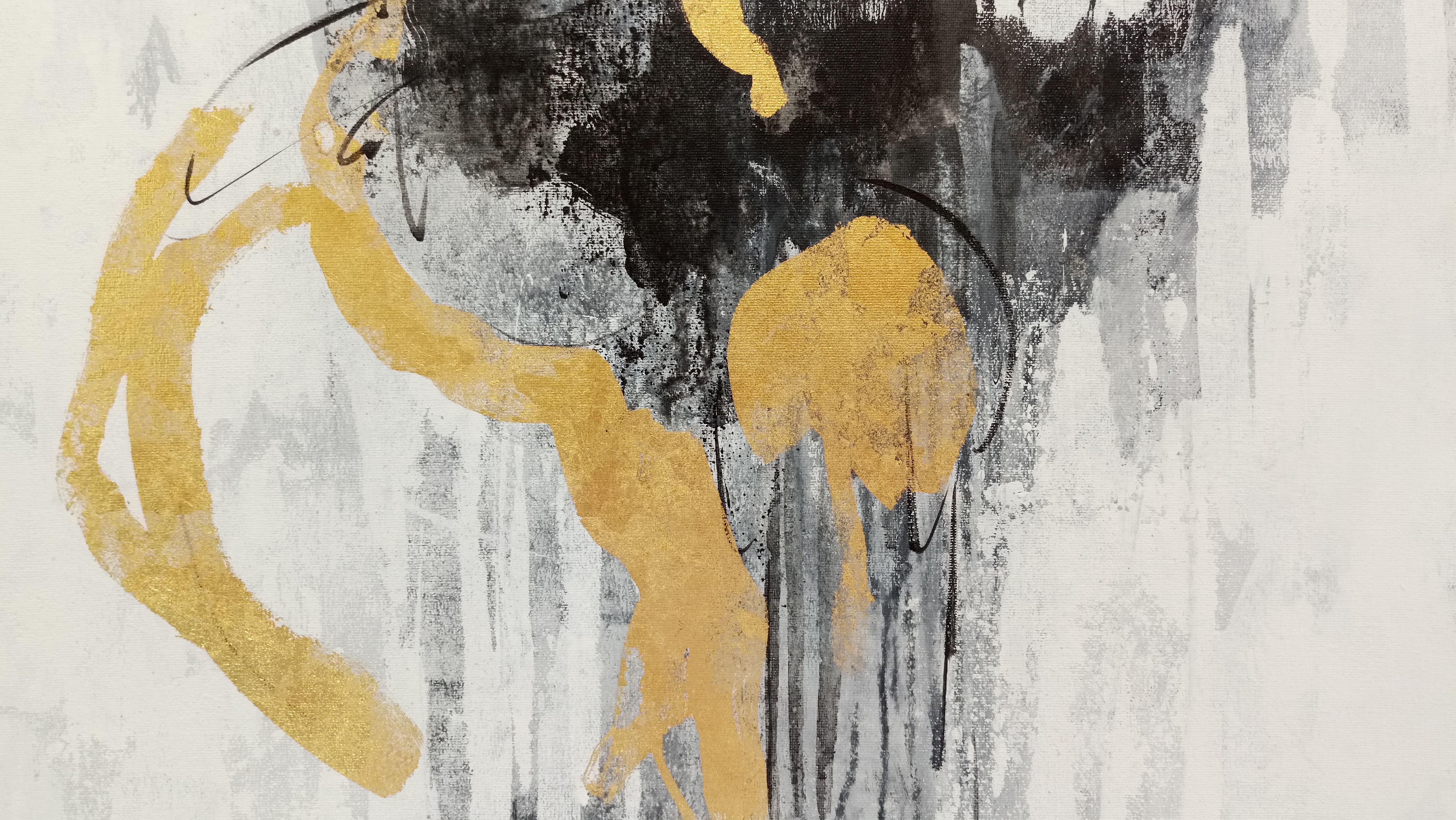 A graphic interpretation of rain, Golden Rain I is a part of a diptych. The two panels can be displayed individually or as a pair on a large wall. Abstract, bold and dynamic. The color palette is neutral black and white with gold leaf. Contemporary,