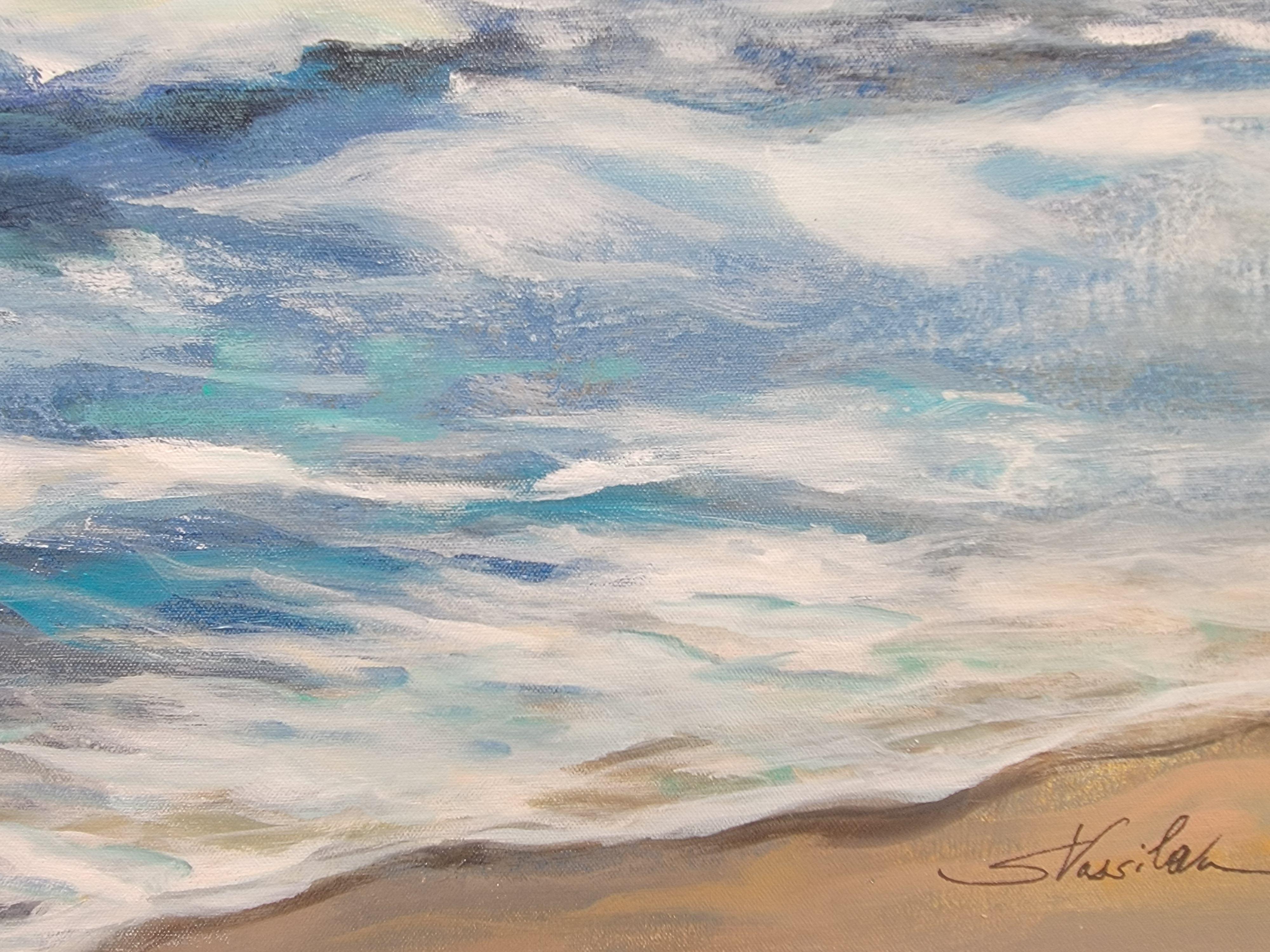 This oversize seascape is capturing the beauty of the sea and the movement of the waves. Simple blue and white color palette lets the viewer follow the reflections of the water and imagine the soothing sounds of the waves. The mood is serene. The