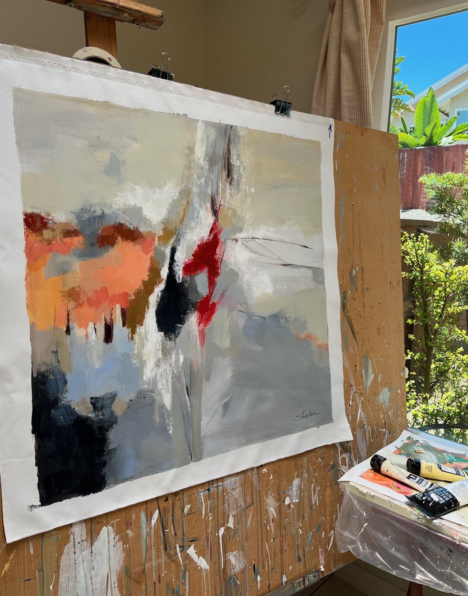 Inlet, Gemälde, Acryl auf Leinwand (Grau), Abstract Painting, von silvia vassileva