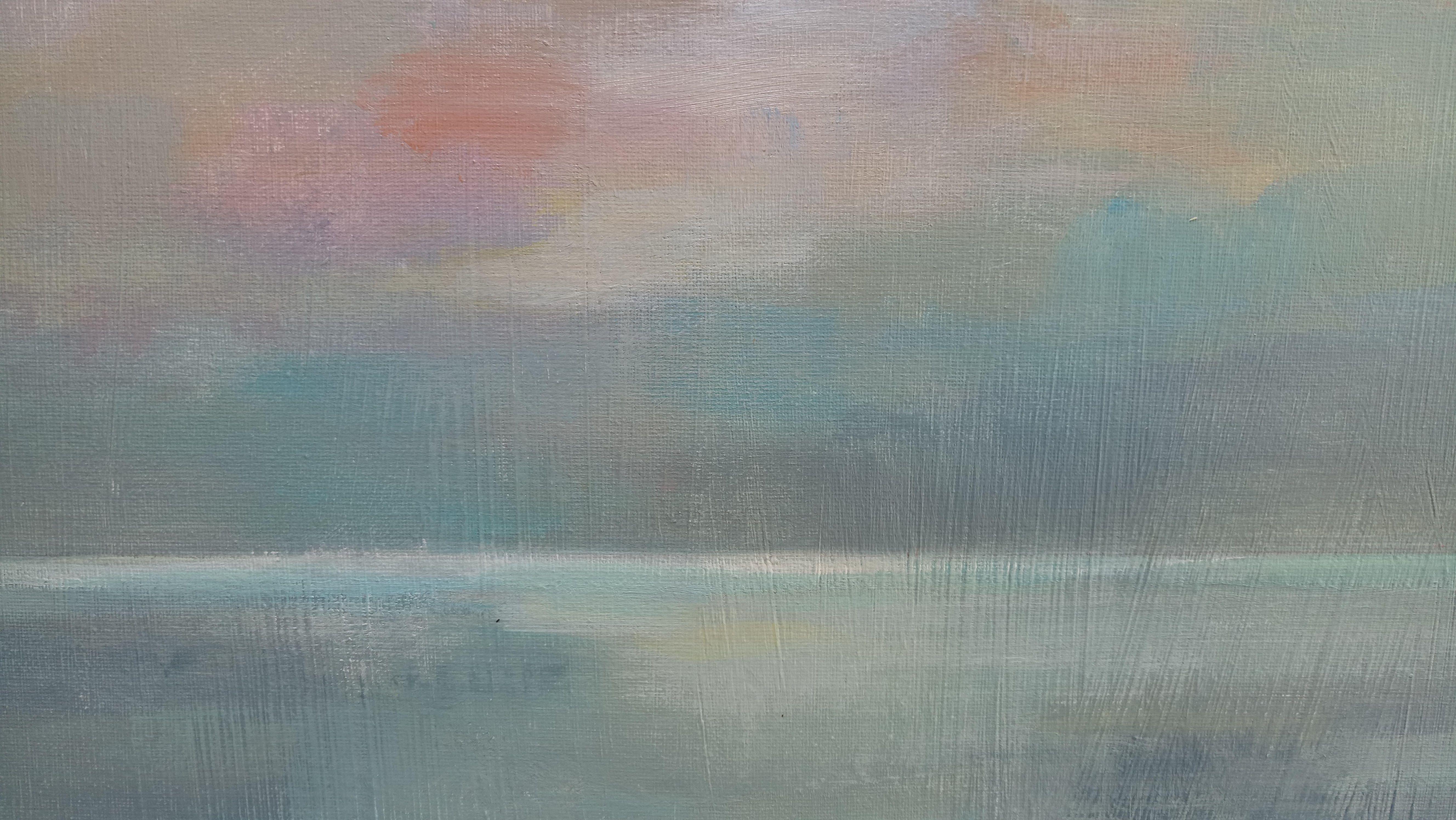 This is a large seascape painted on a richly textured canvas with soft pastel-colors blue palette. Touches of pink and pale yellow express the first rays of light, reflected on the water. The pale line of the horizon is barely dividing the sea from