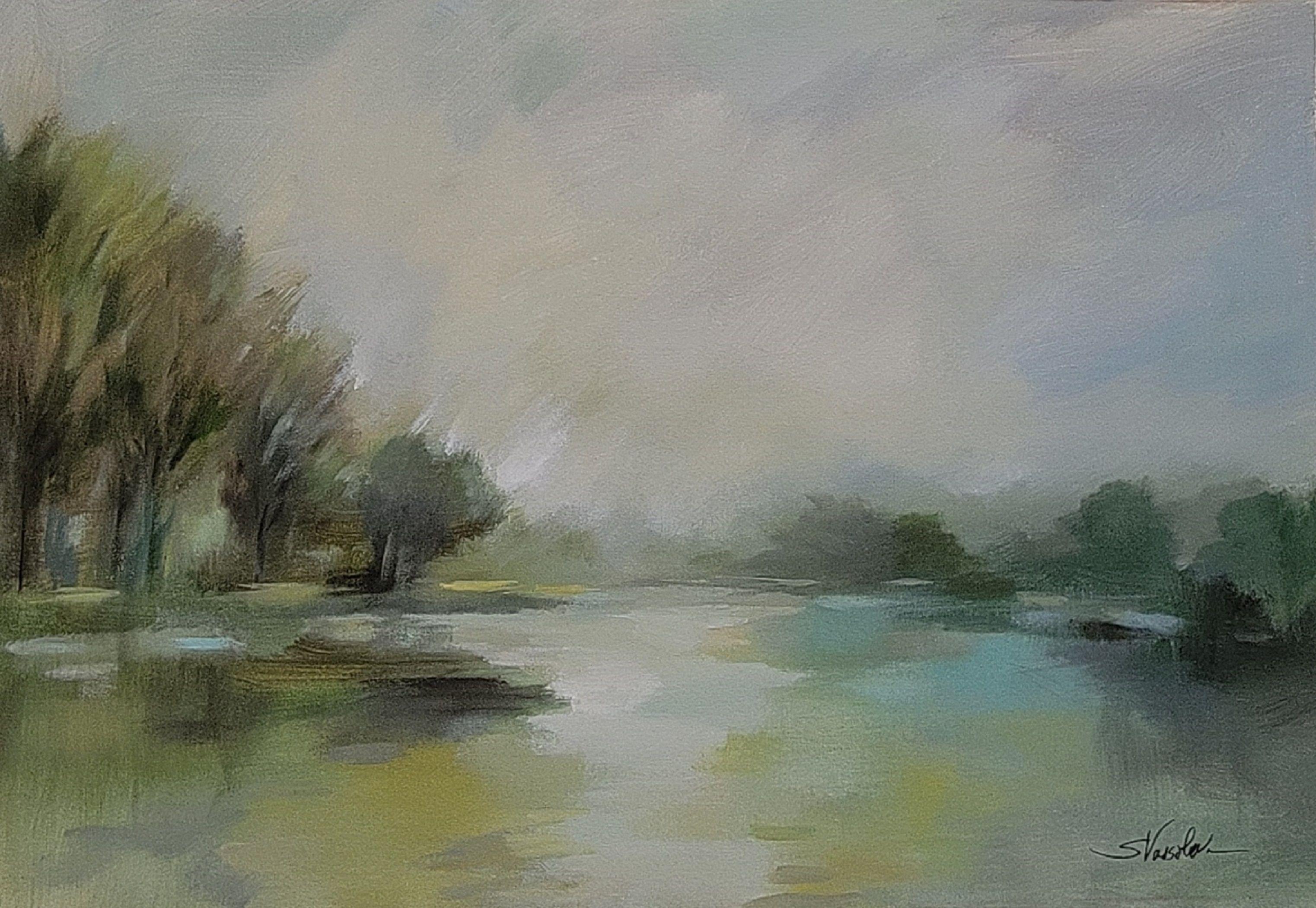 Lakeside Fog, Gemälde, Acryl auf Leinwand – Painting von silvia vassileva