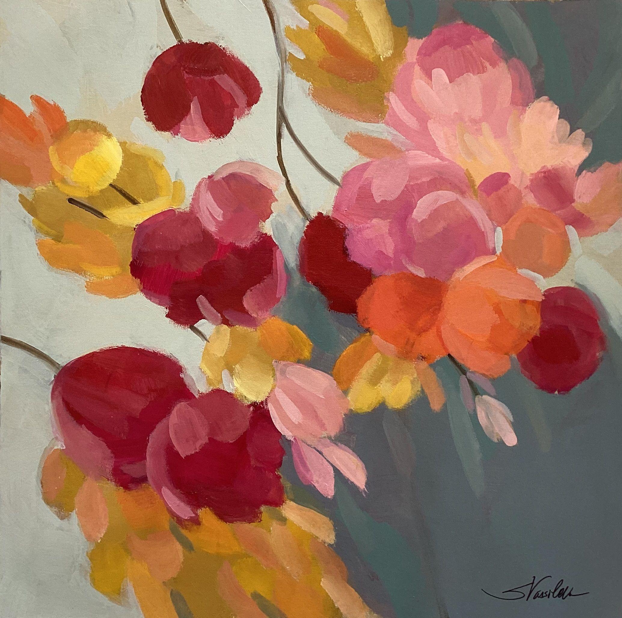 This square painting is part of a diptych, inspired by spring in the city and the Pantone Color of 2023 - Viva Magenta. The bold shapes of the blooming flowers are rendered with magenta, pink and yellow. The gray and white background add sharp