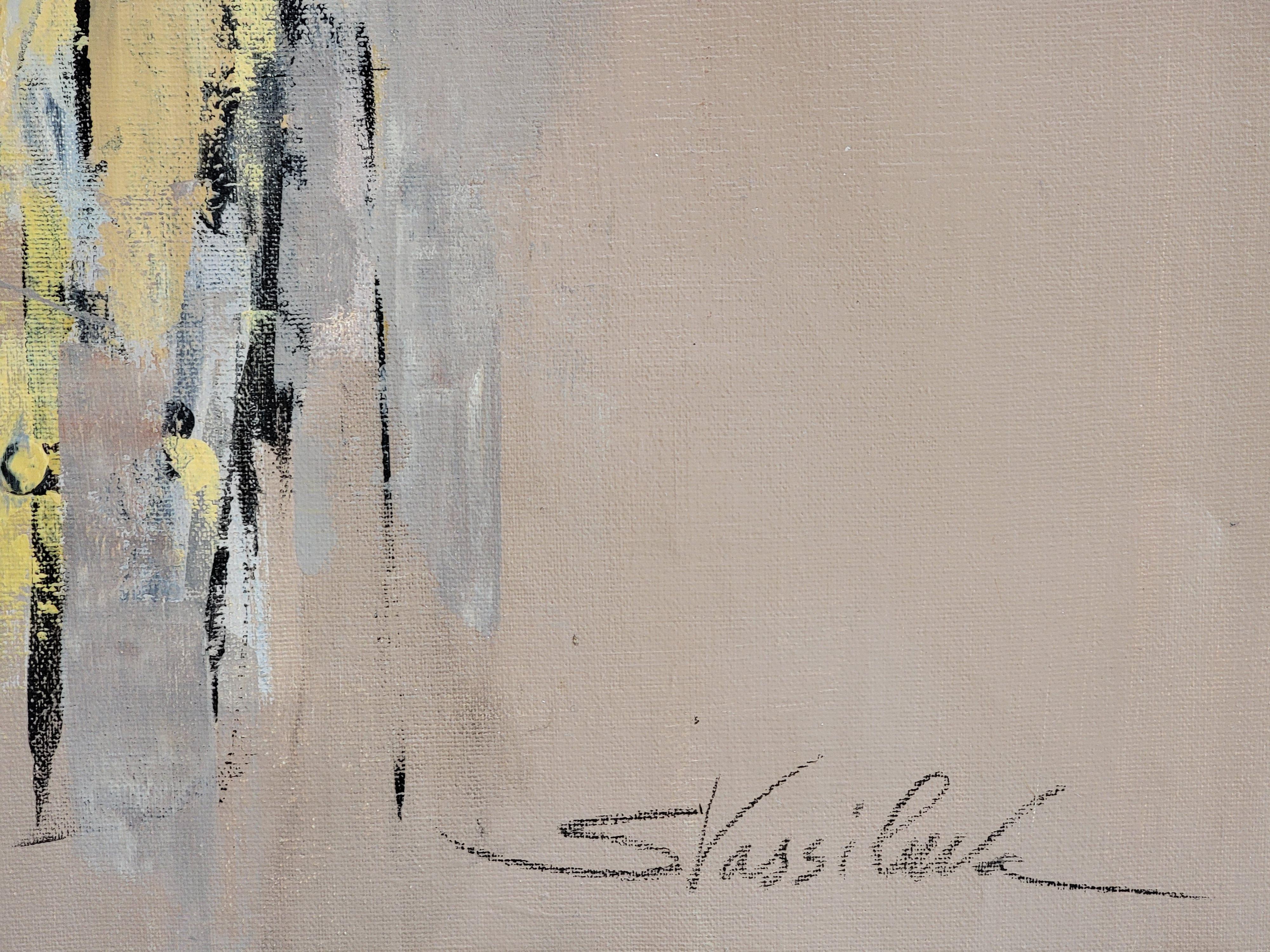Melodía para guitarra y saxo, Pintura, Acrílico sobre lienzo - Painting Abstracto de silvia vassileva