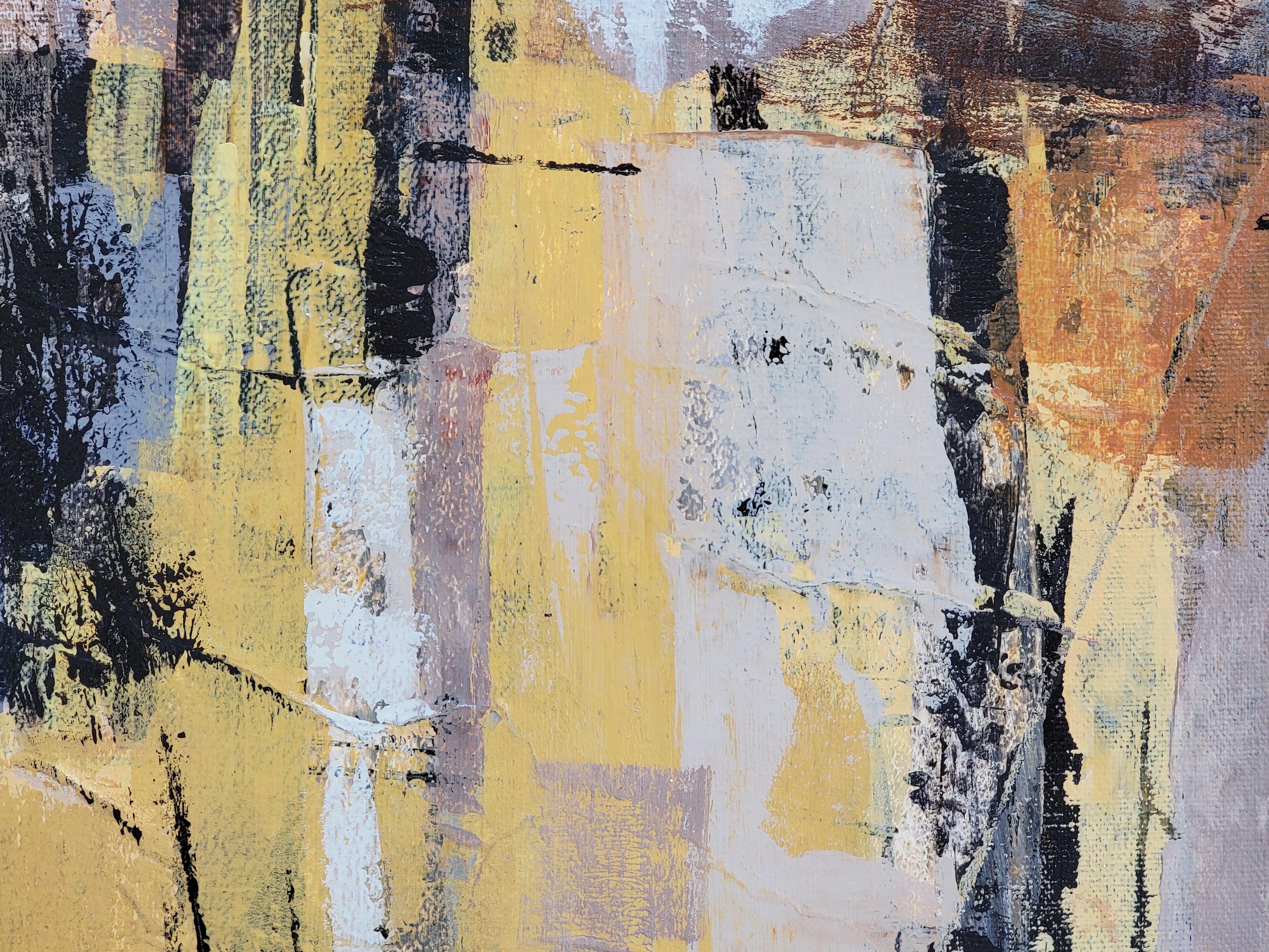 Un abstracto alargado que expresa música, ritmo y alegría. Melodía para guitarra y saxo es un homenaje a una melodía de jazz. La paleta es cálida y sugiere los colores de los instrumentos musicales. Las líneas negras dispersas, el papel collage, los