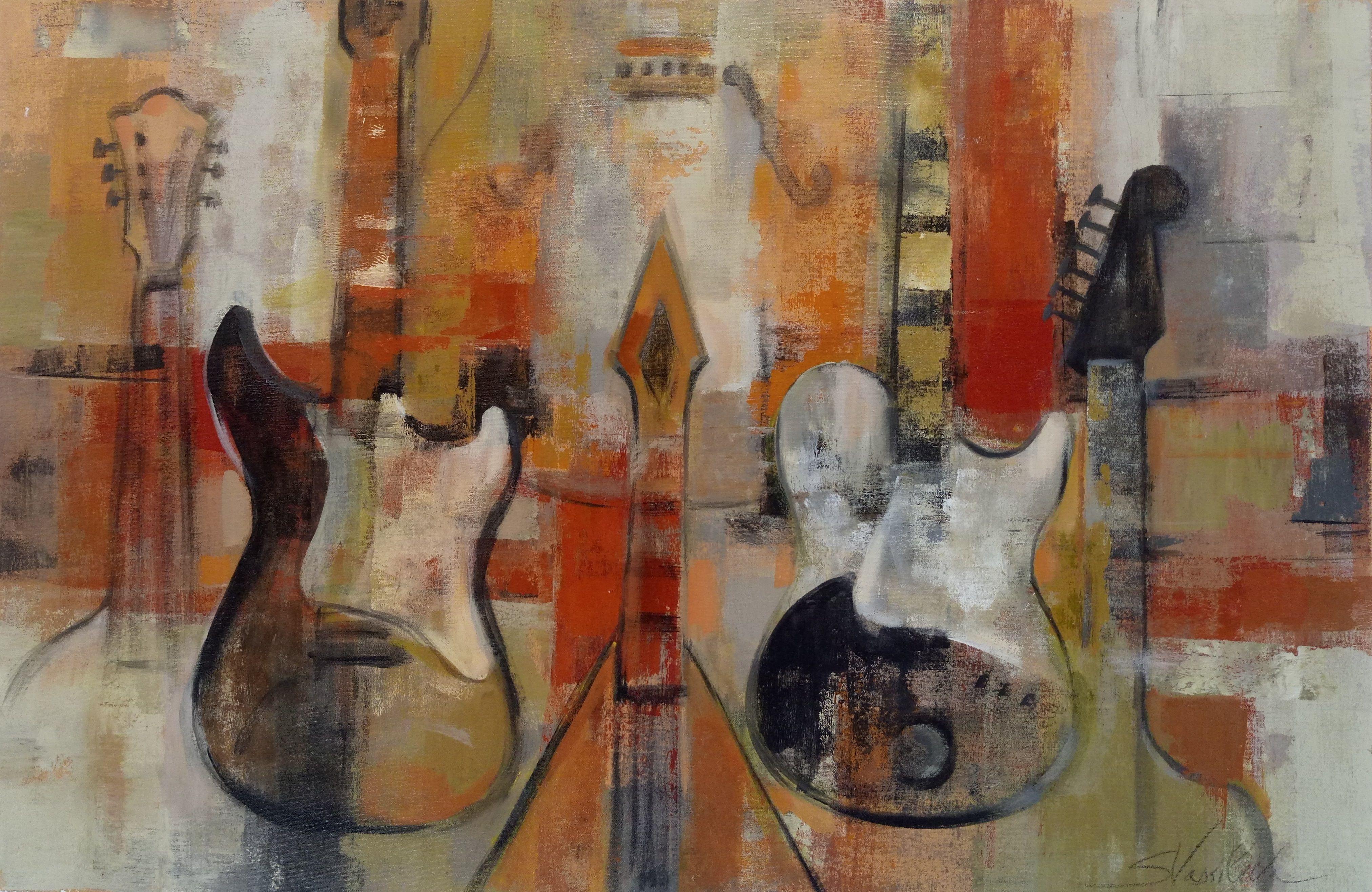 Large painting of musical instruments. Contemporary, abstracted and distressed. Painted on richly textured canvas with solid blocks of color. Geometric elements and musical symbols used in order to convey melody and rhythm. Youthful, modern yet