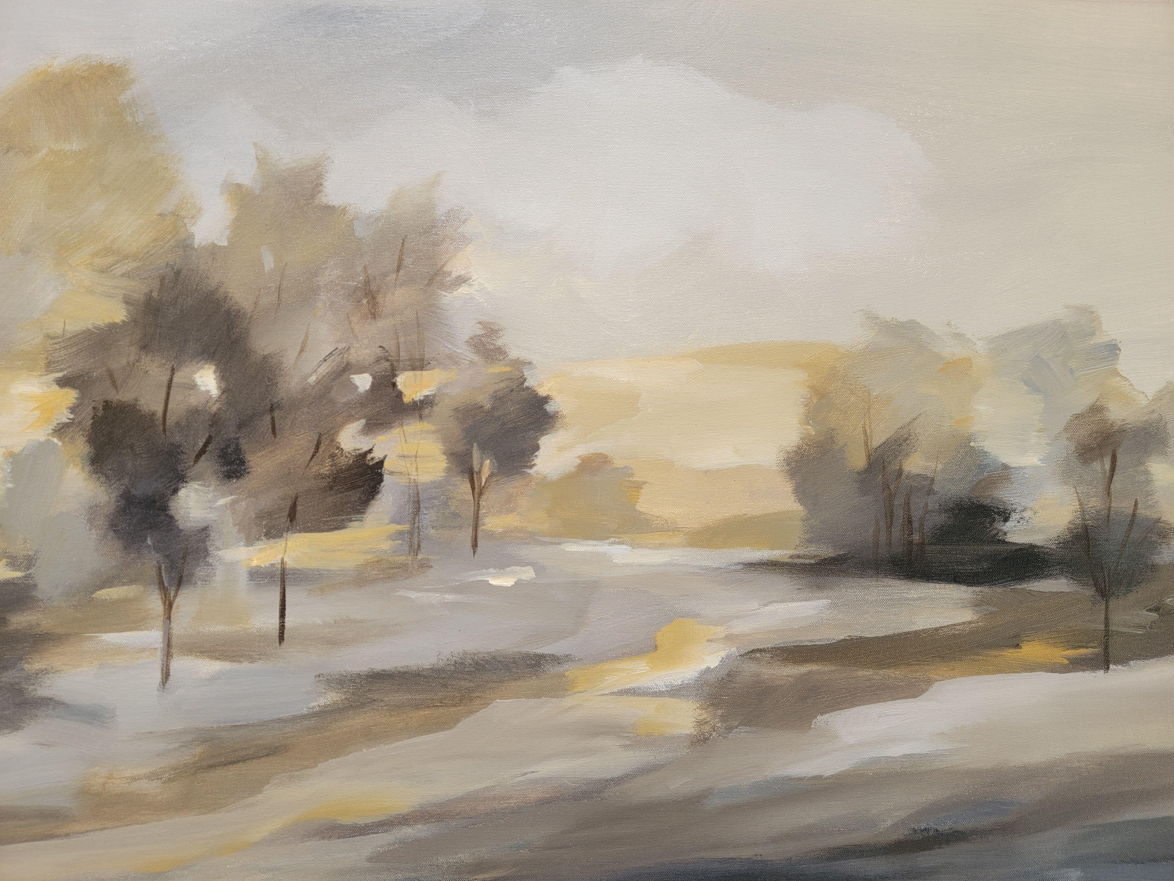 Dieses rustikale Gemälde ist ausdrucksstark und monochromatisch. Die einfache Landschaft mit Himmel, Bäumen und Fluss ist mit kräftigen Pinselstrichen gemalt und hat das frische Aussehen einer Skizze mit einem sehr begrenzten Einsatz von Farbe.