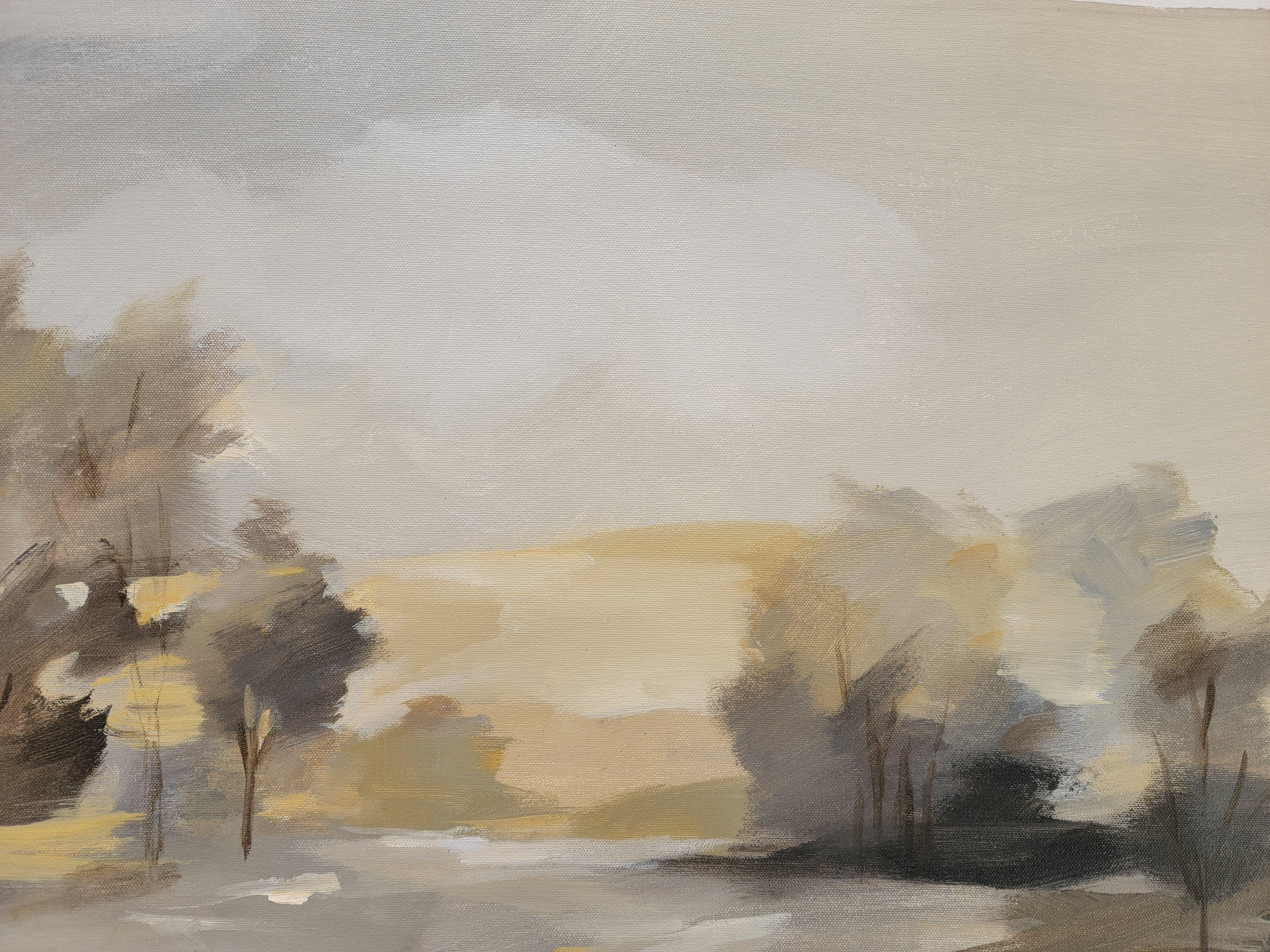 This rustic painting is expressive and monochromatic. The simple landscape picturing sky, trees and river is painted with bold brush strokes and has the fresh look of a sketch with a very limited use of color. White, black and yellow ochre mix and