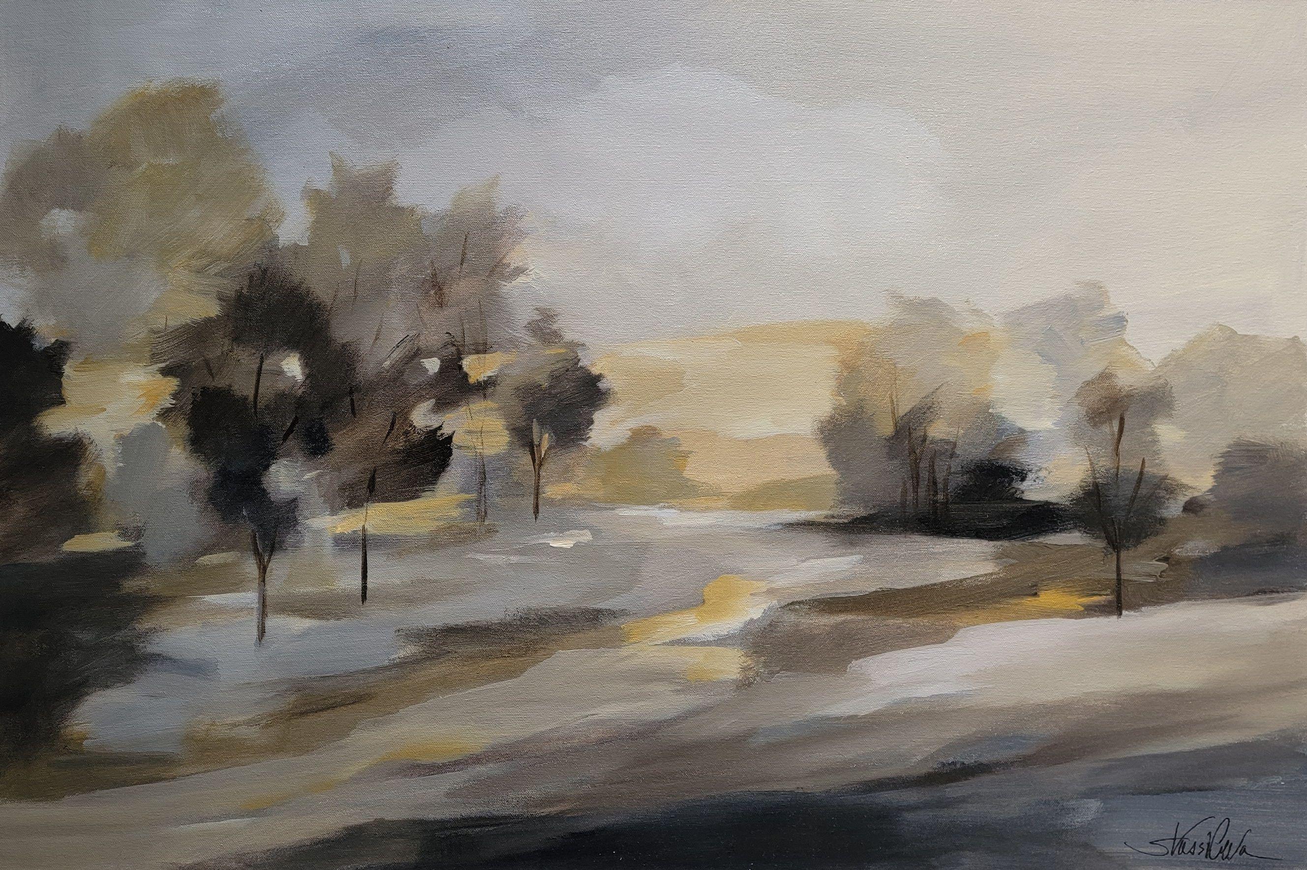 Rustikale Landschaft, Gemälde, Acryl auf Leinwand – Painting von silvia vassileva