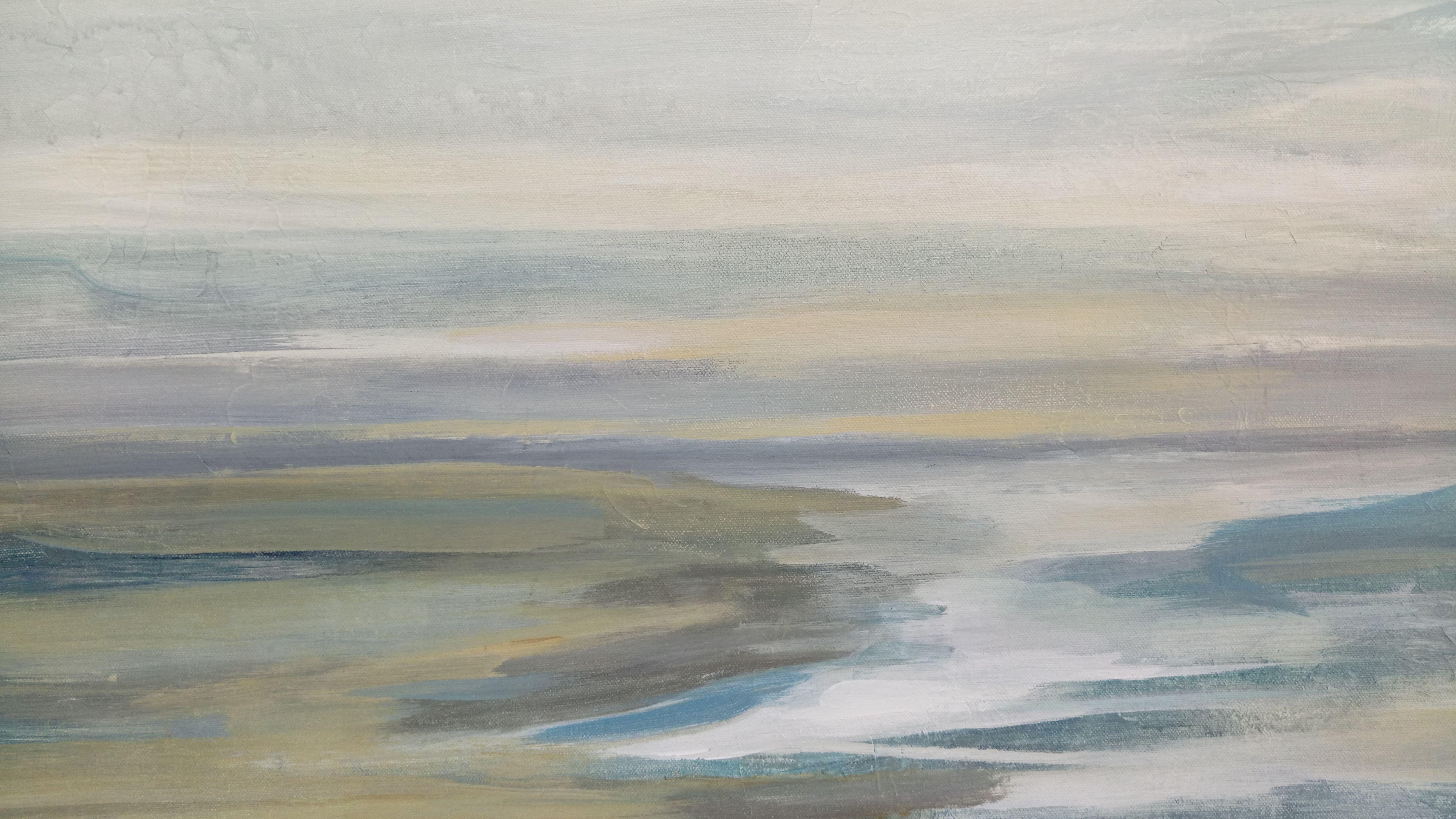 This light-filled large seascape is inspired by early morning at the beach. The colors are pale, soft blue and white, the lines are blurred suggesting marine layer and there are lots of layers of blended tones on the textured canvas. The overall