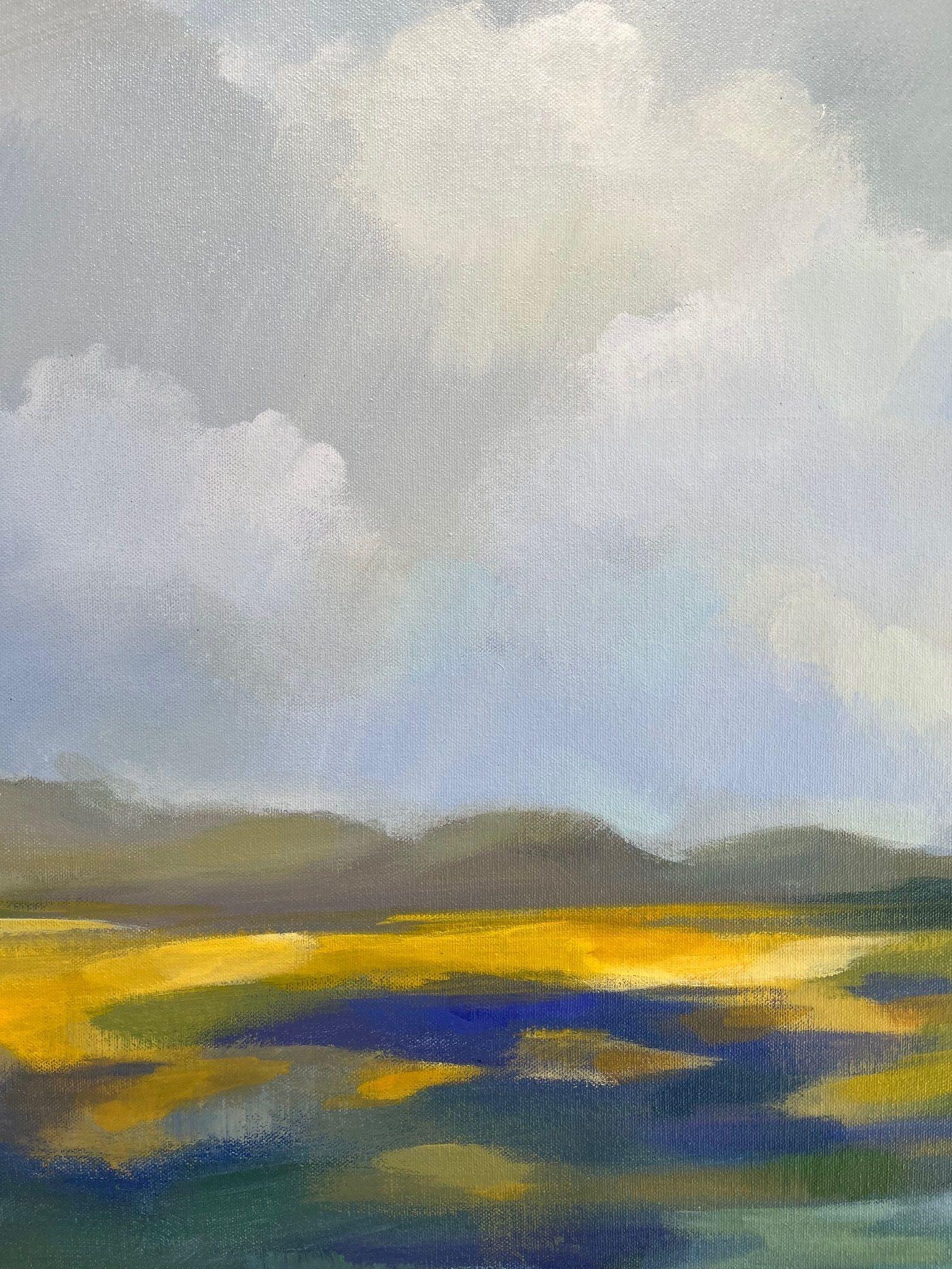 Questo lungo paesaggio orizzontale si ispira al fresco colore verde dei campi primaverili e alla fioritura dei girasoli all'inizio di giugno. Il dipinto presenta un elevato contrasto per un effetto drammatico. Viene creato con pennellate espressive