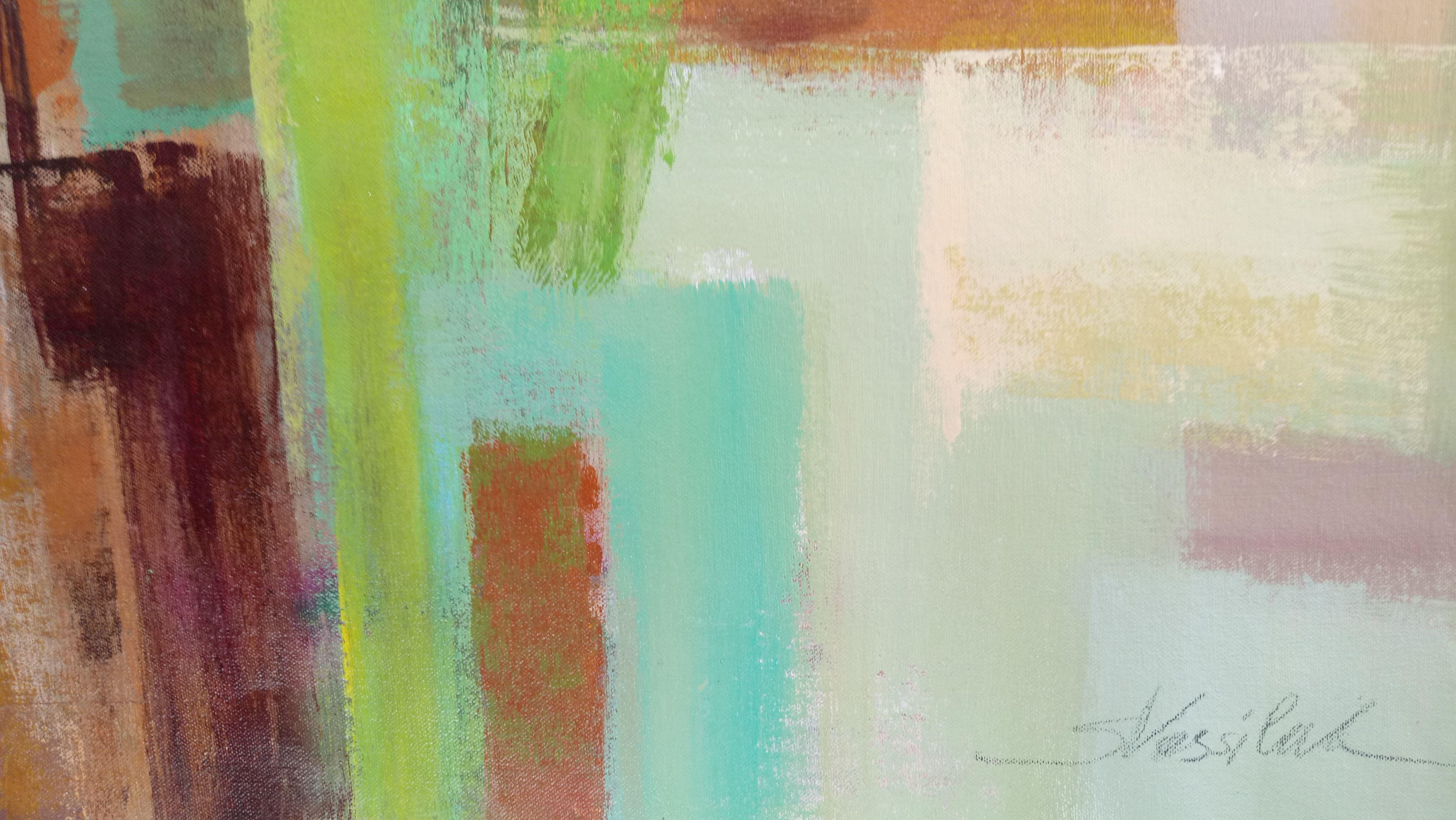 The painting is a square abstract inspired by a beautiful poem. In metaphoric way it expresses the spring with rhythmic shapes, playful lines and cool green color palette. It is joyful and fresh, suggesting youth. :: Painting :: Abstract :: This