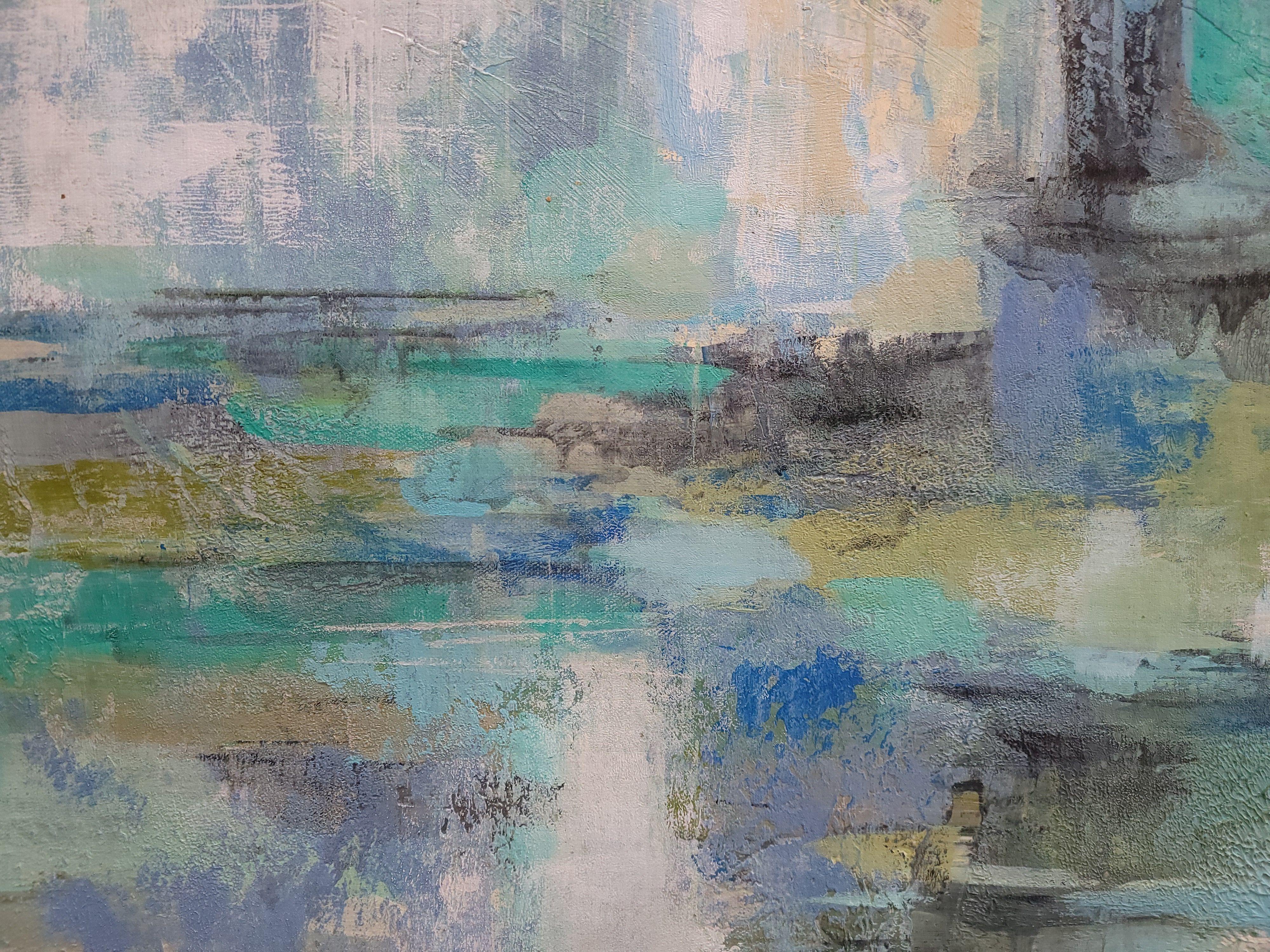 Porto di primavera, Pittura, Acrilico su tela - Abstract Painting Grigio di silvia vassileva