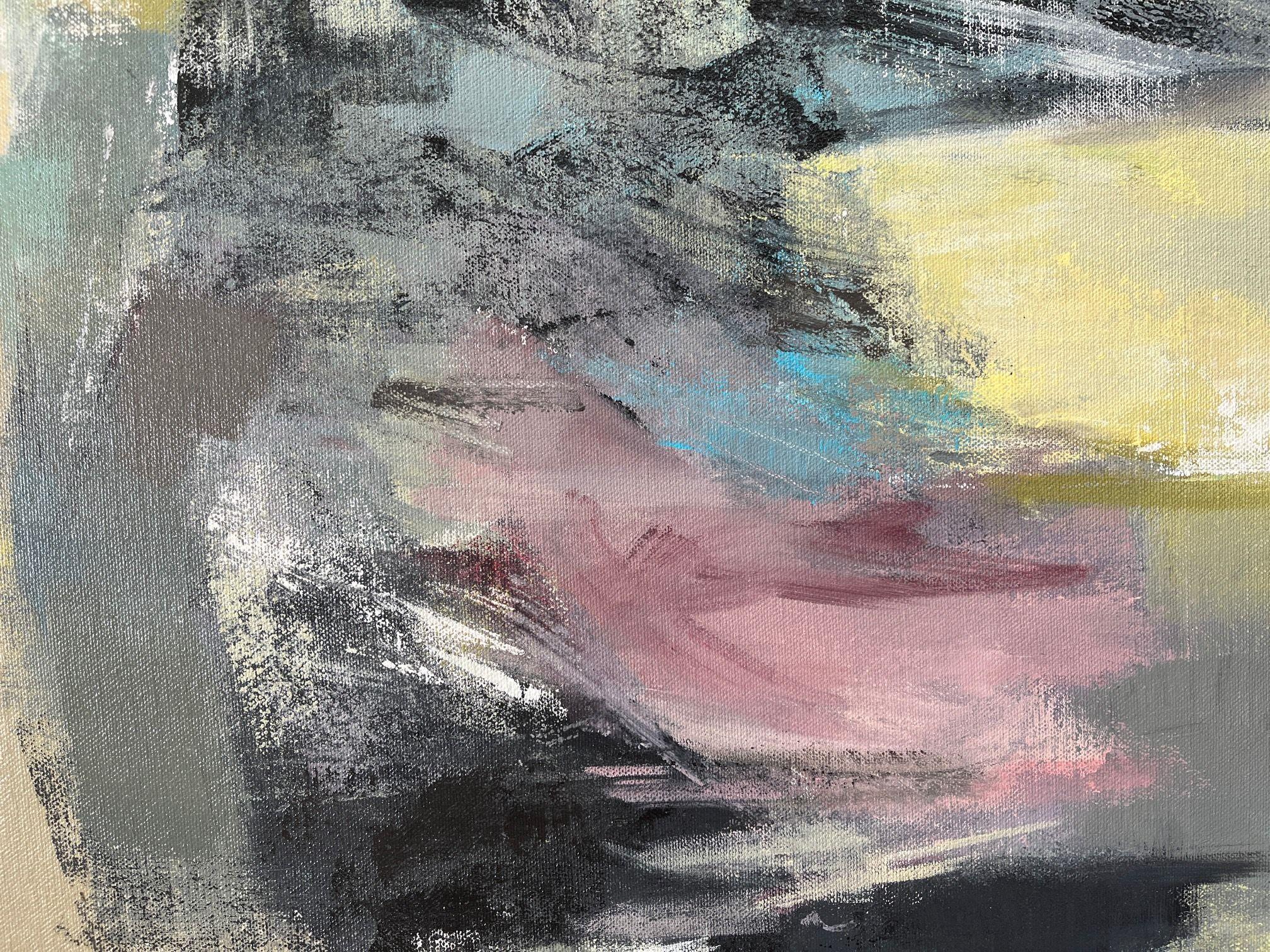 The strong shapes, bold composition and and sophisticated color palette of this abstract, suggest summer in a field. Pale yellow, mustard, soft aqua, crimson and green interact with white and black. This high contrast creates a feel of energy. Bold