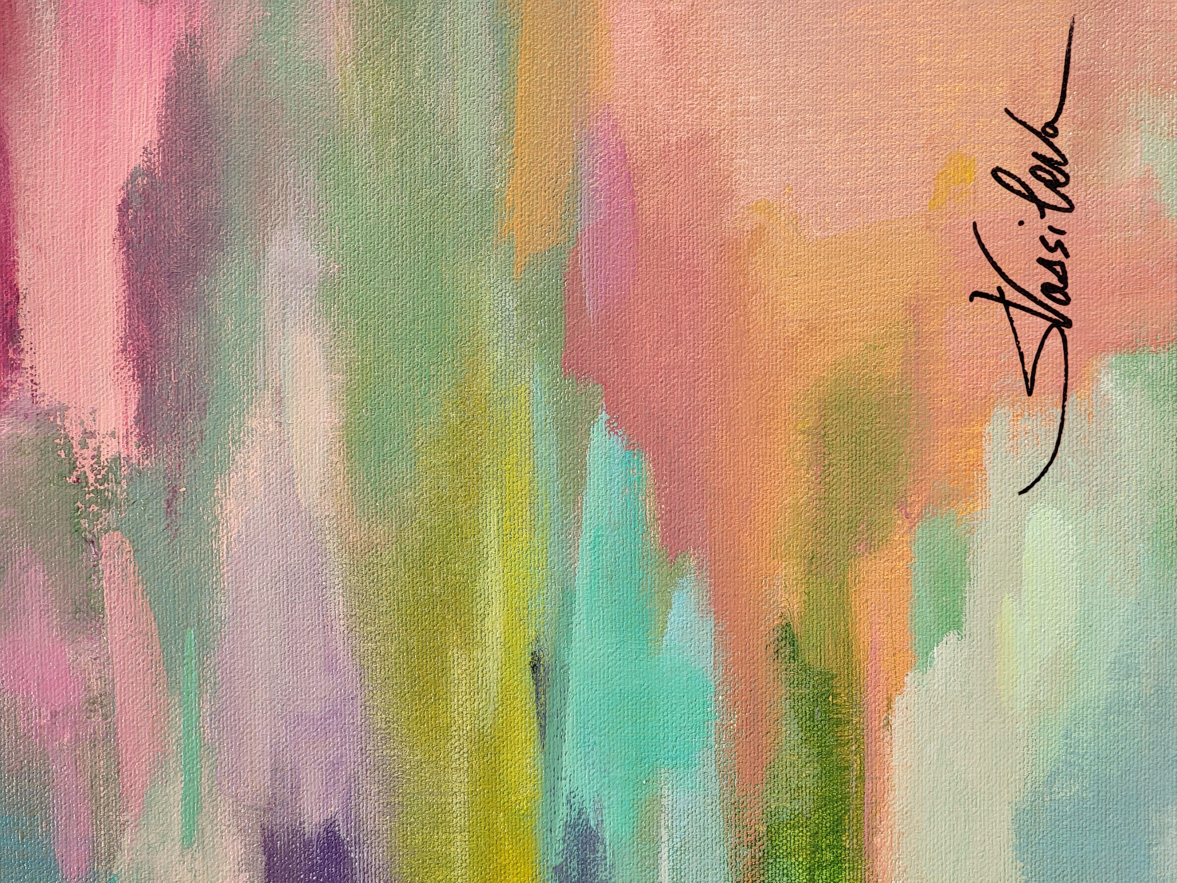 Cette peinture, créée entre la réalité et l'abstraction, capture l'ambiance d'une belle scène d'été. Les couleurs sont chaudes et audacieuses - rose, violet, jaune et des touches de vert et de bleu frais expriment la riche palette du paysage. Une
