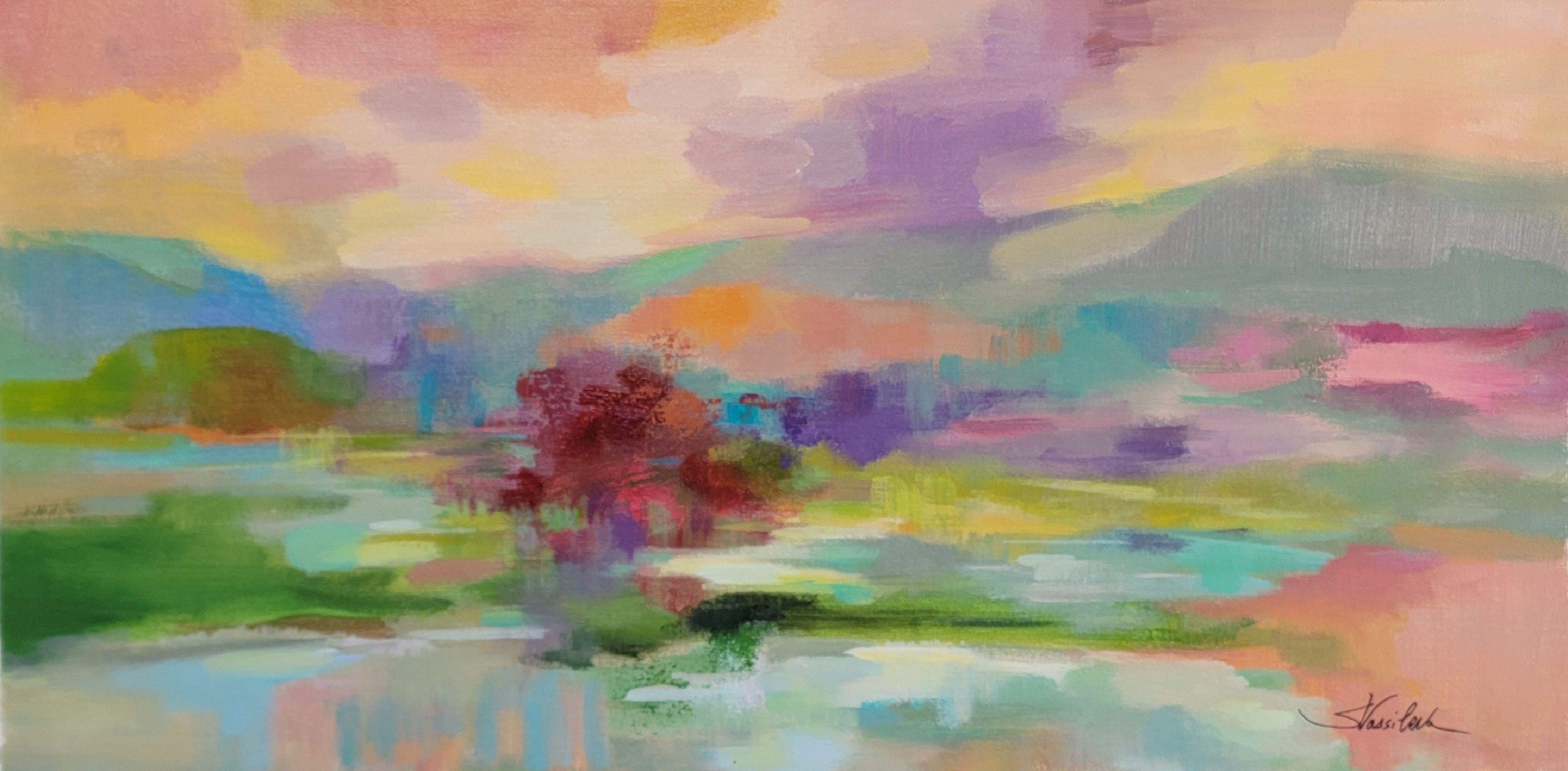 This painting, created between reality and abstraction, is capturing the mood of a beautiful summer scene. The colors are warm and bold - pink, purple, yellow and touches of cool green and blue express the rich palette of the landscape. Bright,