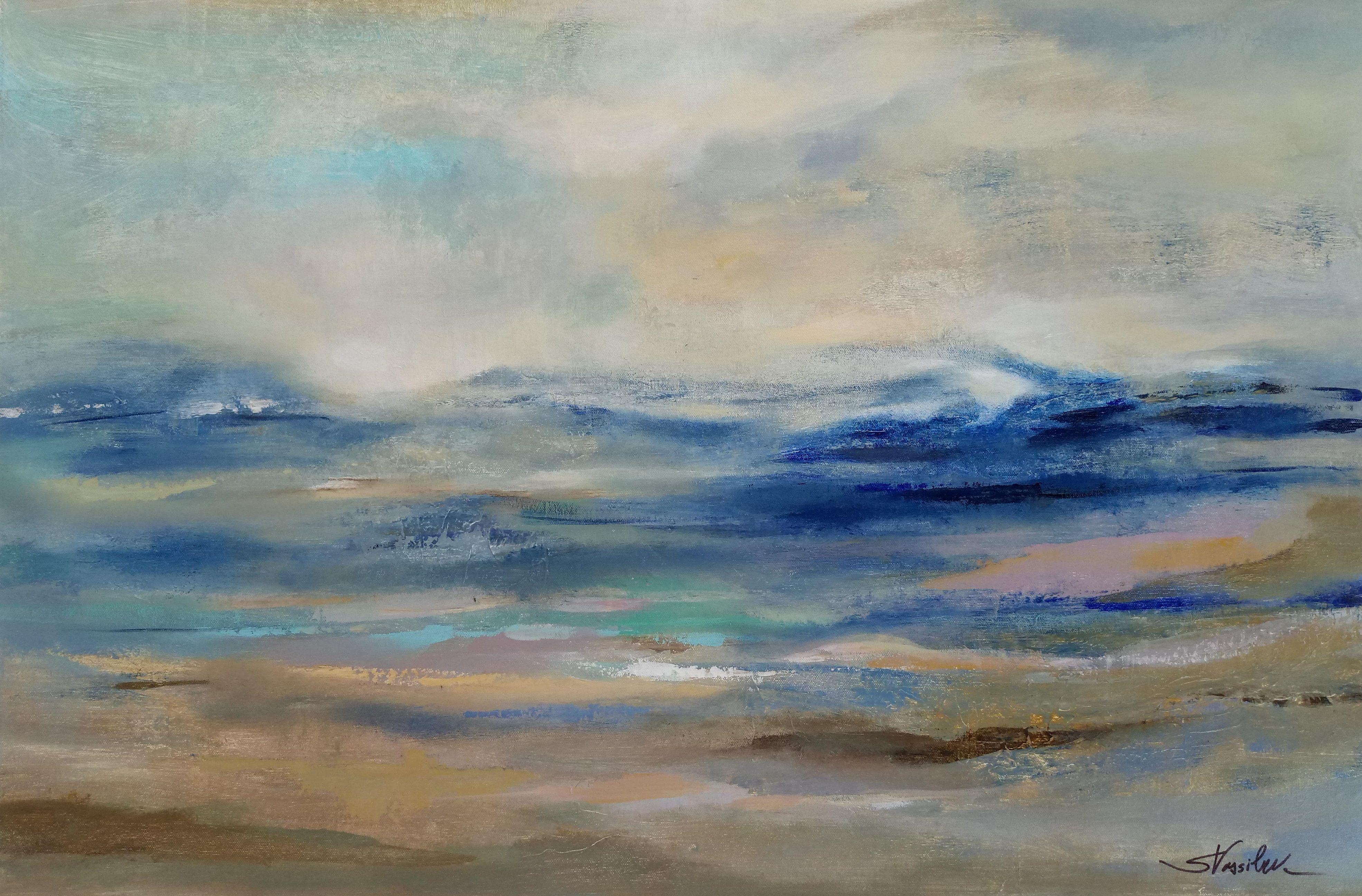 Atmospheric abstracted seascape, expressing the beauty of the sea and sky. Cool, calming color palette of differed shades of blue interacting with white reflections. Inspired by an early morning marine layer. Gallery-wrapped, sides painted in dark