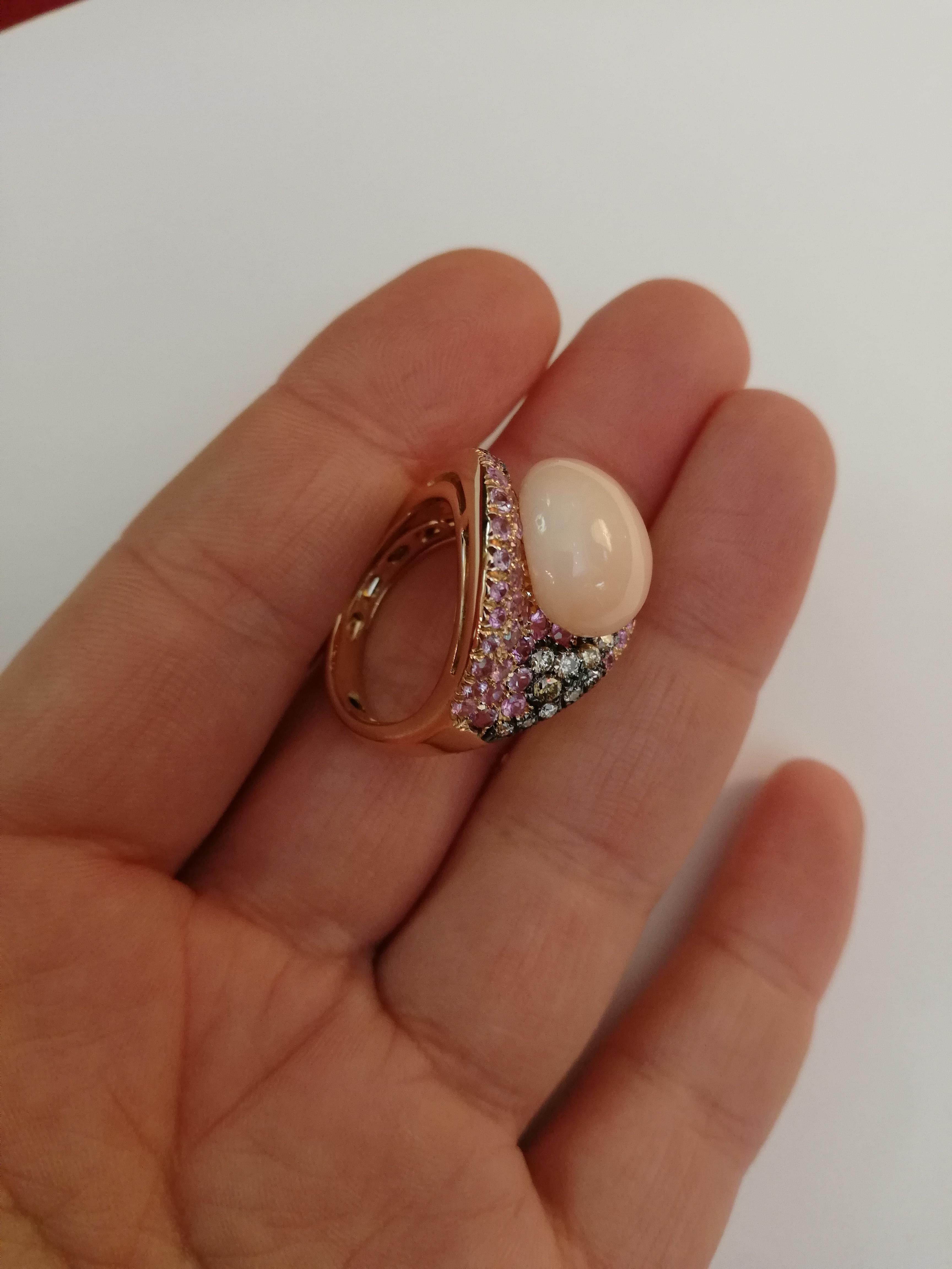 Silvio Ancora Coral Pink Sapphires Brown Diamonds Rose Gold Cocktail Ring For Sale 1