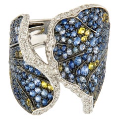 Silvio Ancora Italian 18 Karat White Gold Diamond, Blue and Yellow Sapphire Ring