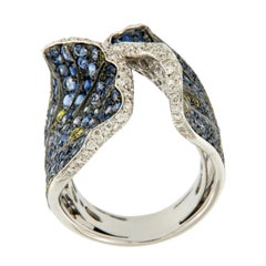 Silvio Ancora Italian 18 Karat White Gold Diamond, Blue and Yellow Sapphire Ring