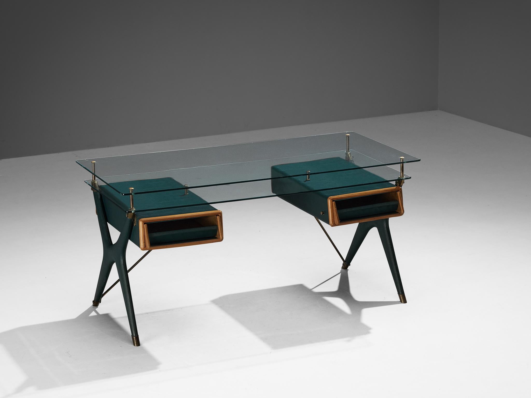 Silvio Berrone for Bialetti headquarters, writing desk, faux leather, brass, stained beech, Vitrex glass, Italy, 1955-56

This writing desk is designed by Silvio Berrone for the Bialetti headquarters in Omegna, the renowned producer of Italian
