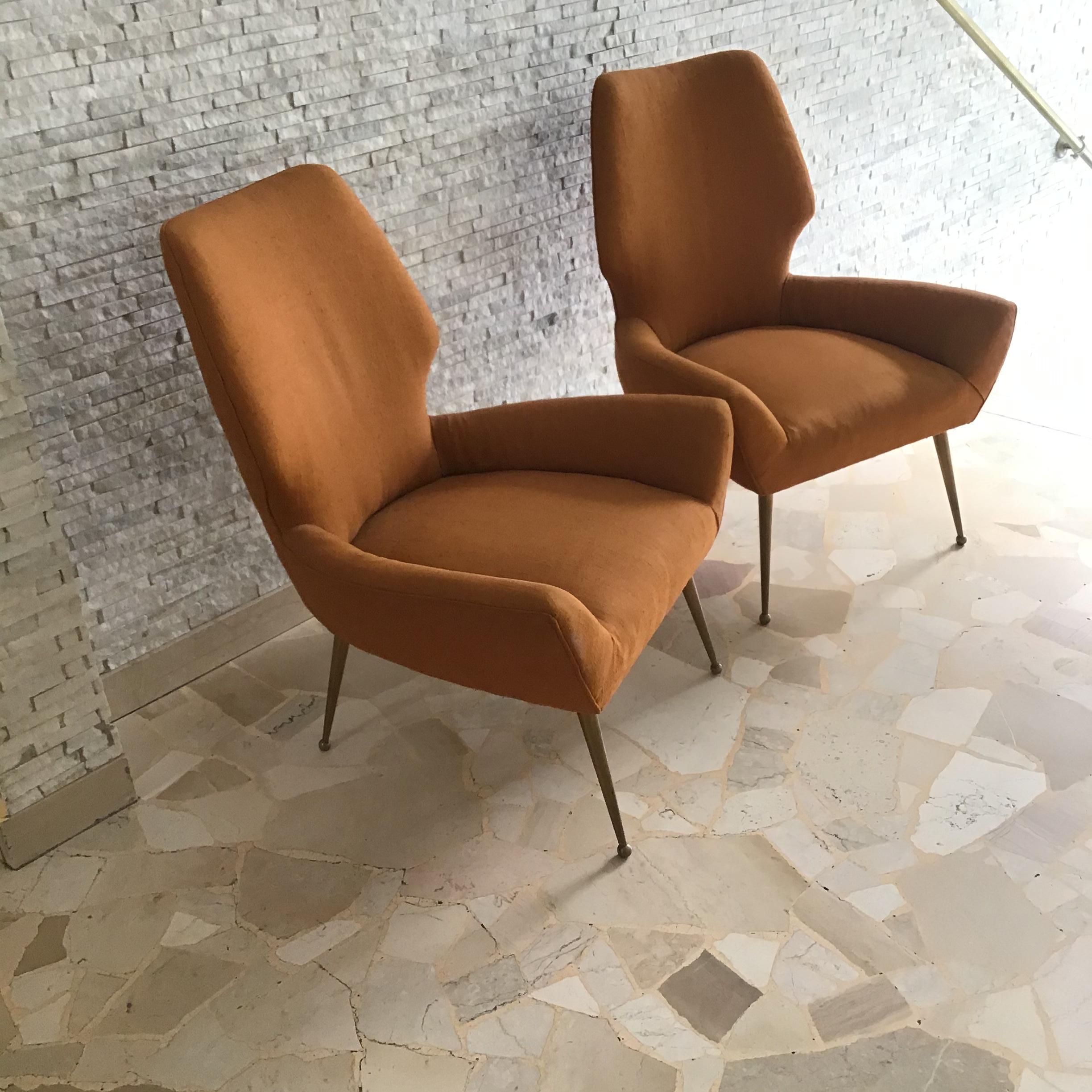 Silvio Cavatorta Armchairs Brass Wood Fabric Padding 1950 Italy 8