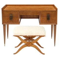Silvio Cavatorta Art Deco Birch Desk or Dressing Table and Kalgan Lambskin Stool