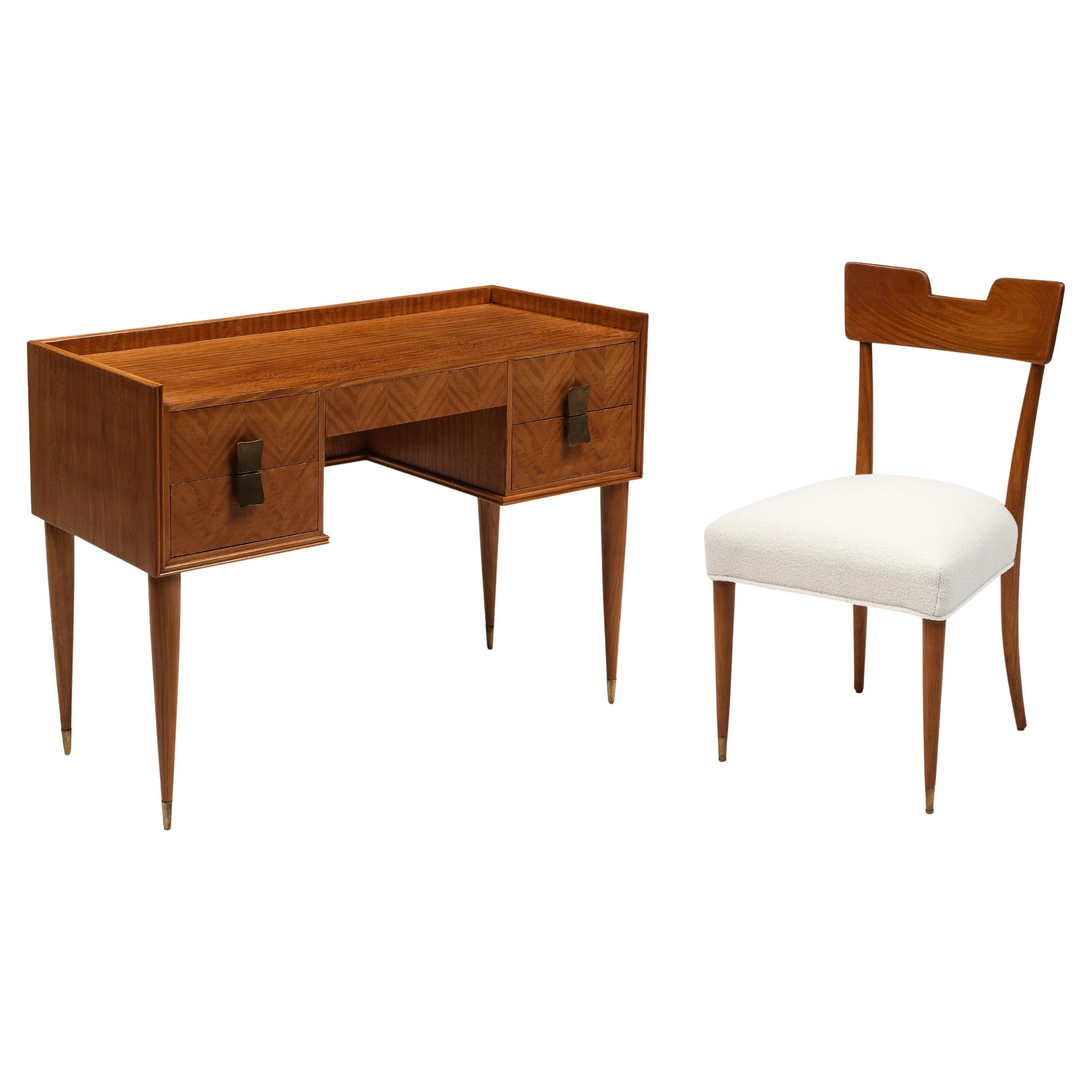 Silvio Cavatorta Birch Desk and Matching Chair in Ivory Bouclé, Italy, 1940s For Sale