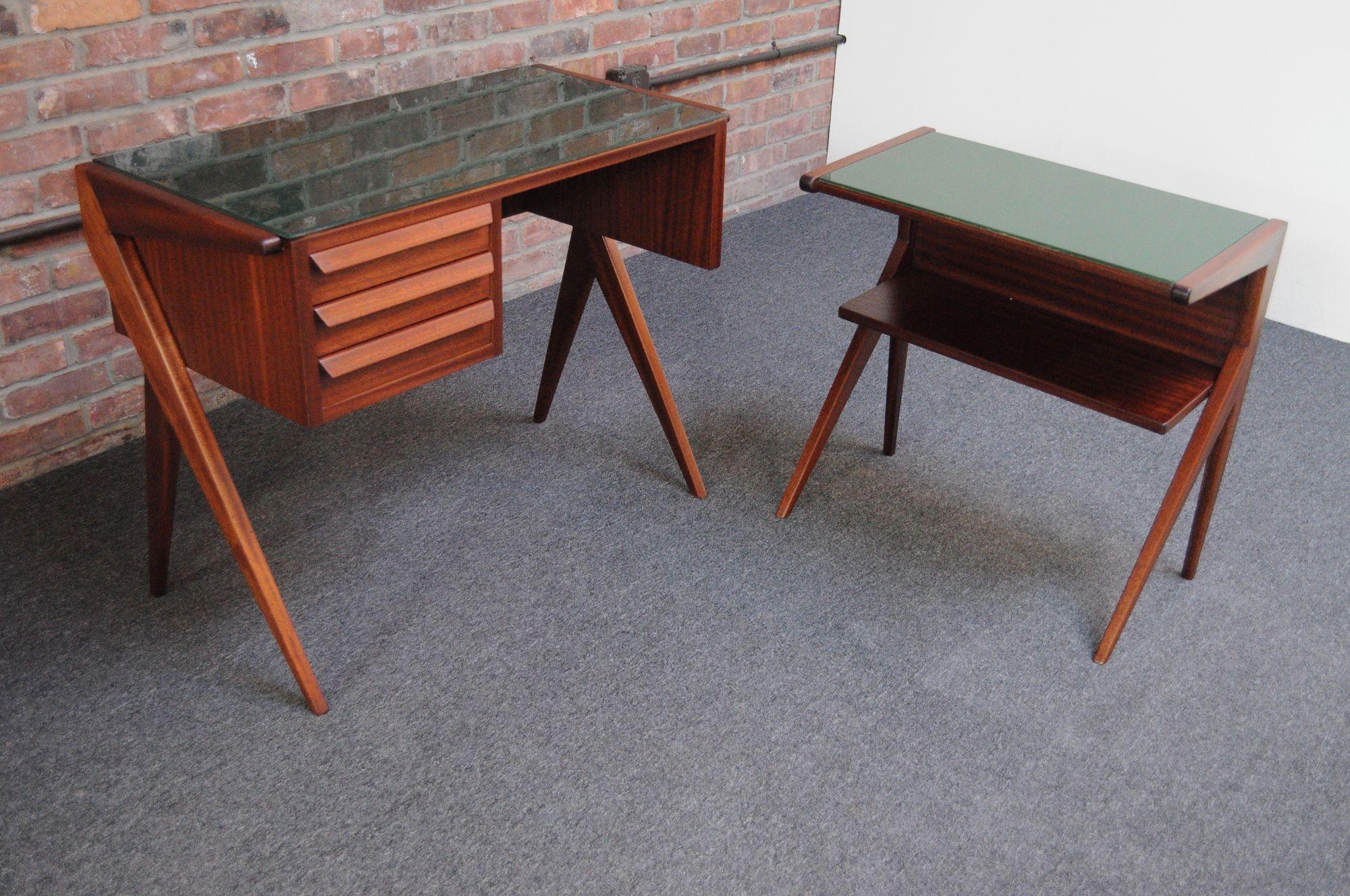 Silvio Cavatorta Diminutive Desk with Companion Table in Walnut and Green Glass For Sale 9