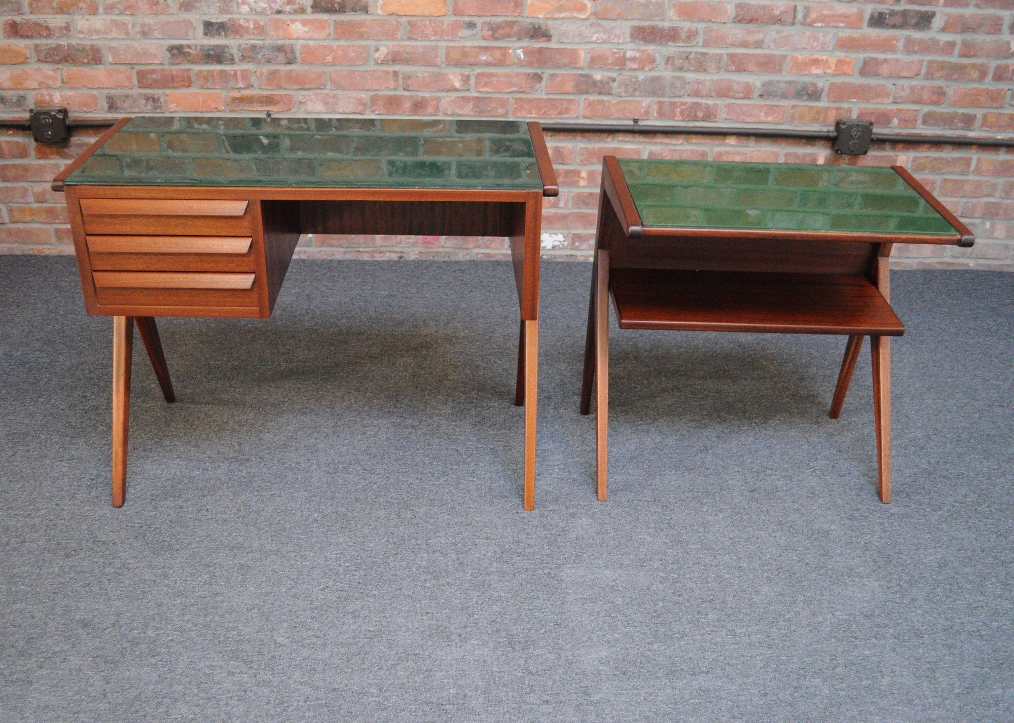 Silvio Cavatorta Diminutive Desk with Companion Table in Walnut and Green Glass In Distressed Condition For Sale In Brooklyn, NY