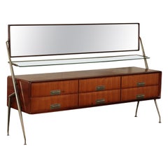 Vintage Silvio Cavatorta Dresser, Teak Veneer Brass Glass, Italy, 1960s