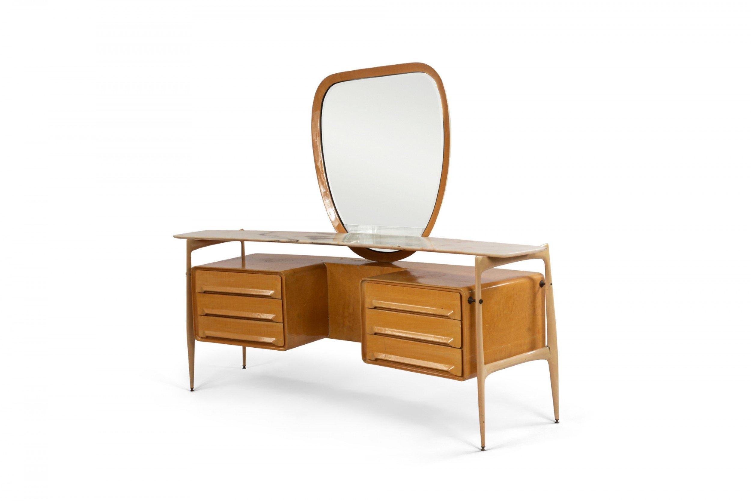 Italian mid-century (Circa 1950) wooden maple vanity with two sets of three drawers and attachable mirror (SILVIO CAVATORTA).
       