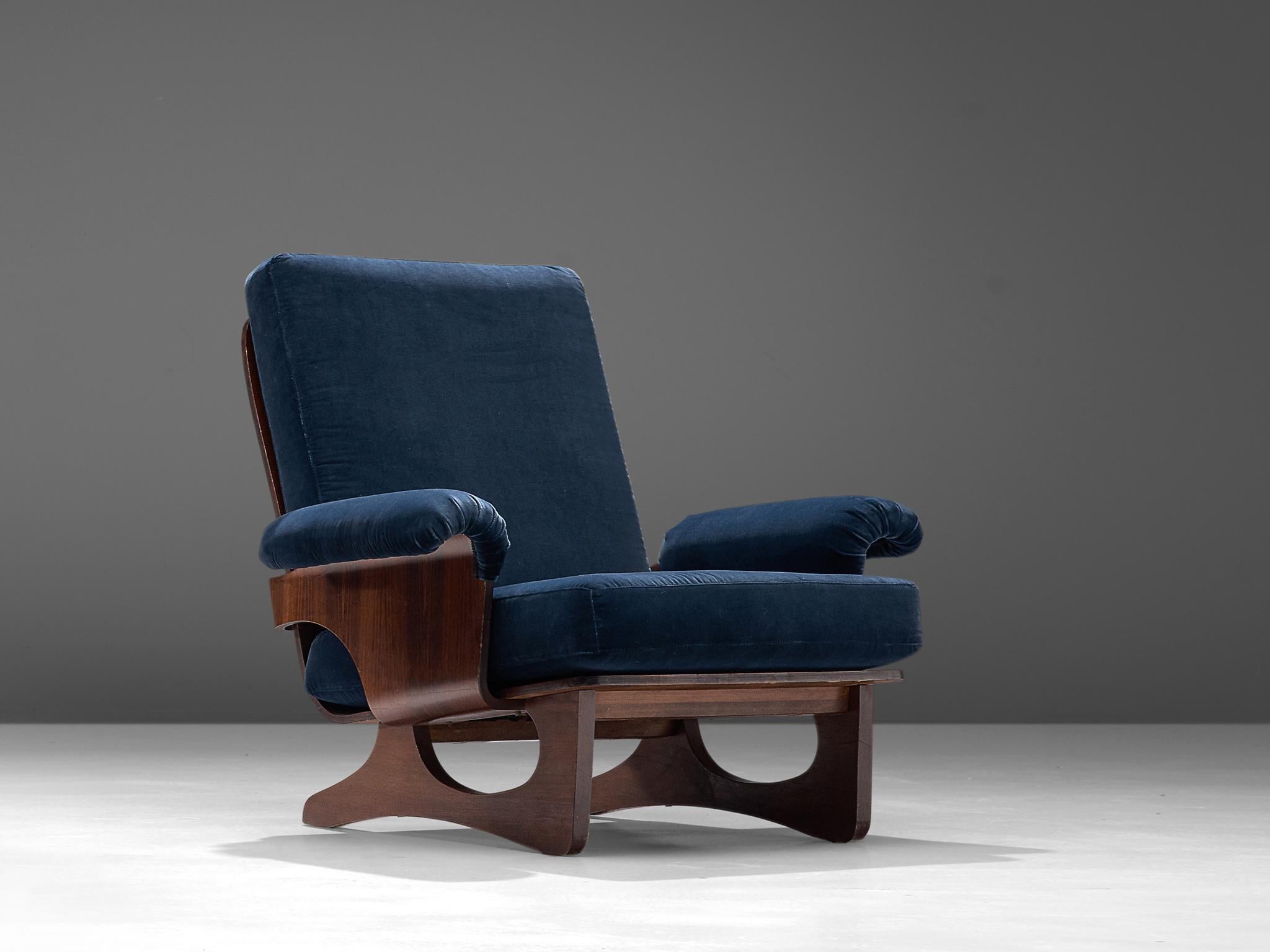 Mid-Century Modern Silvio Cavatorta Lounge Chair in Blue Velvet