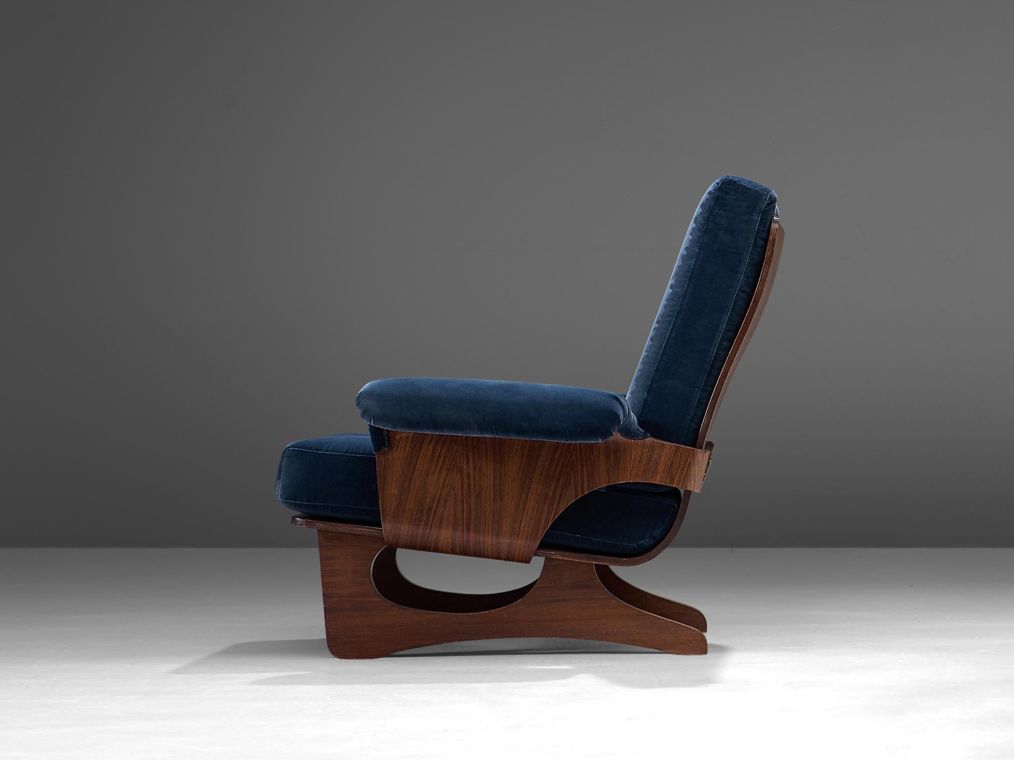 Italian Silvio Cavatorta Lounge Chair in Blue Velvet